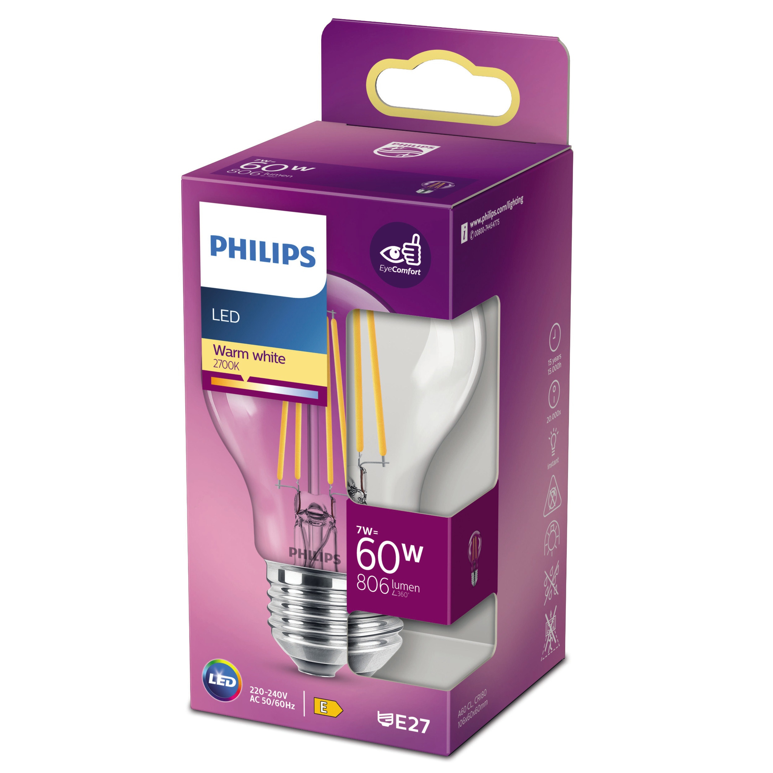 Bec LED filament Philips clasic A60 E27 7W 806lm lumina calda 2700 K