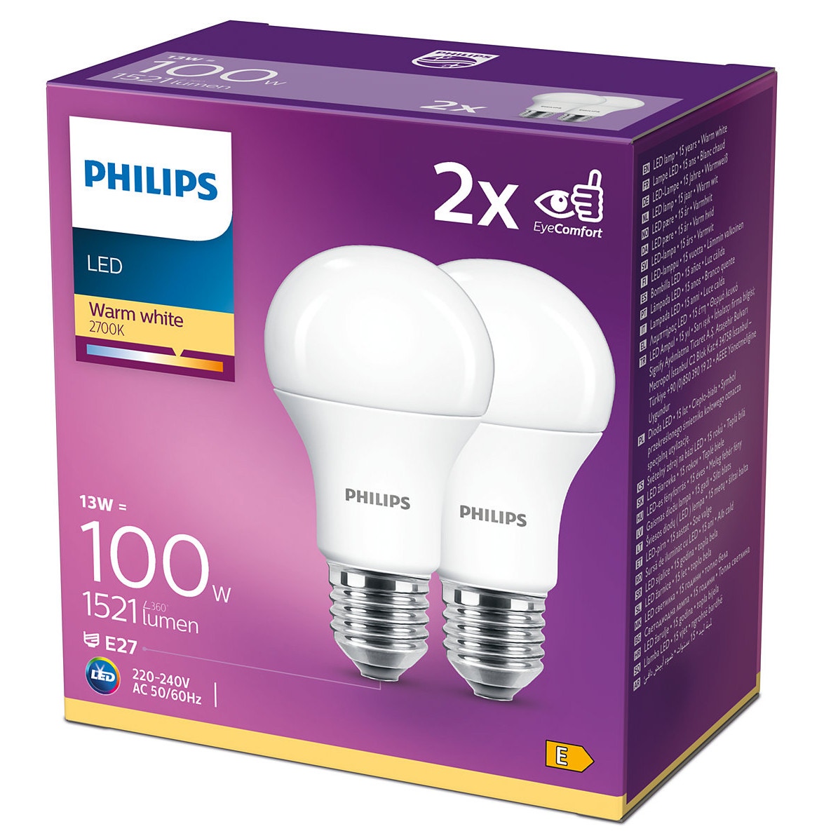 Bec LED Philips clasic A60M E27 13W 1521lm lumina calda 2700 K - 2 buc