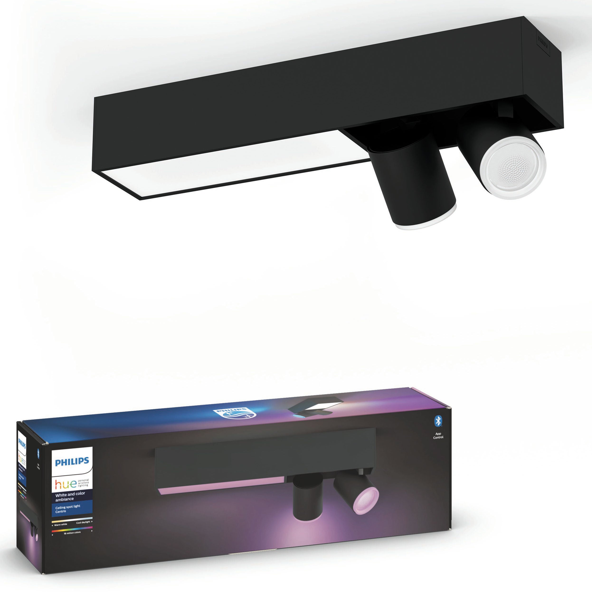 Plafoniera LED RGB inteligenta Philips Hue Centris 5061030P7, 2 x 5.7W + 11W, 1540lm, lumina calda / rece / multicolora, dimabila, neagra