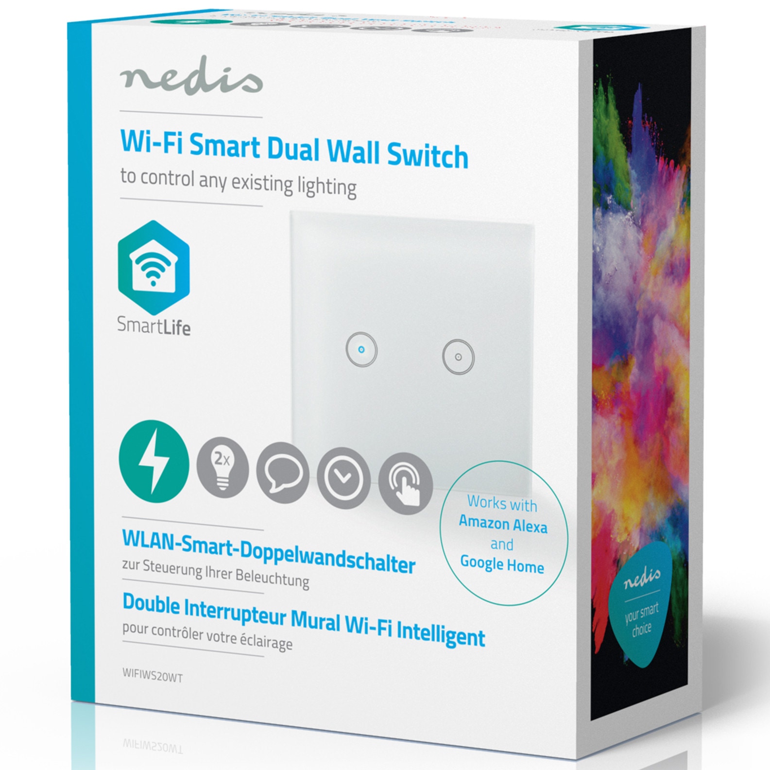 Intrerupator touch smart / inteligent, dublu Nedis WIFIWS20WT, Wi-Fi, alb