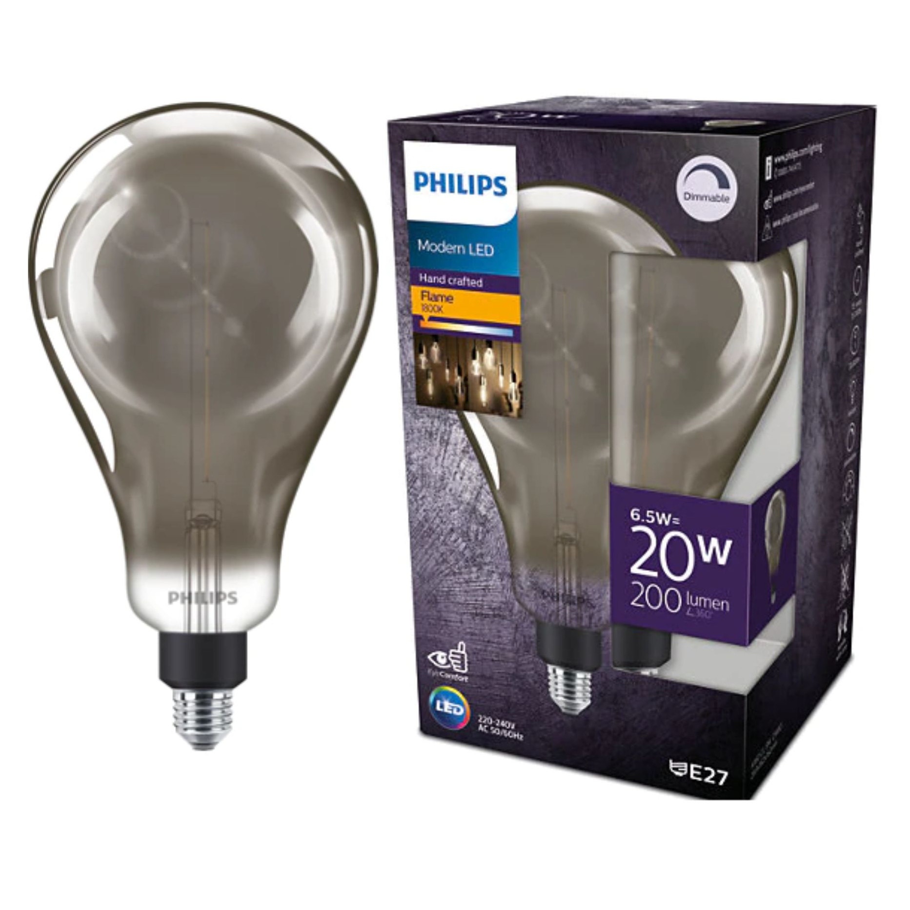Bec LED filament Philips clasic A160 E27 6.5W 200lm lumina calda 1800 K, fumuriu, dimabil