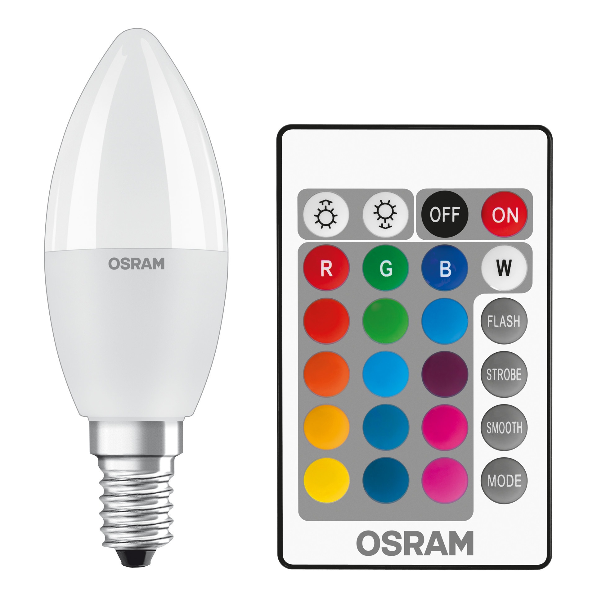Bec LED color Osram lumanare B40 E14 4.9W 470lm lumina calda / RGB 2700 K, dimabil + telecomanda - 2 buc