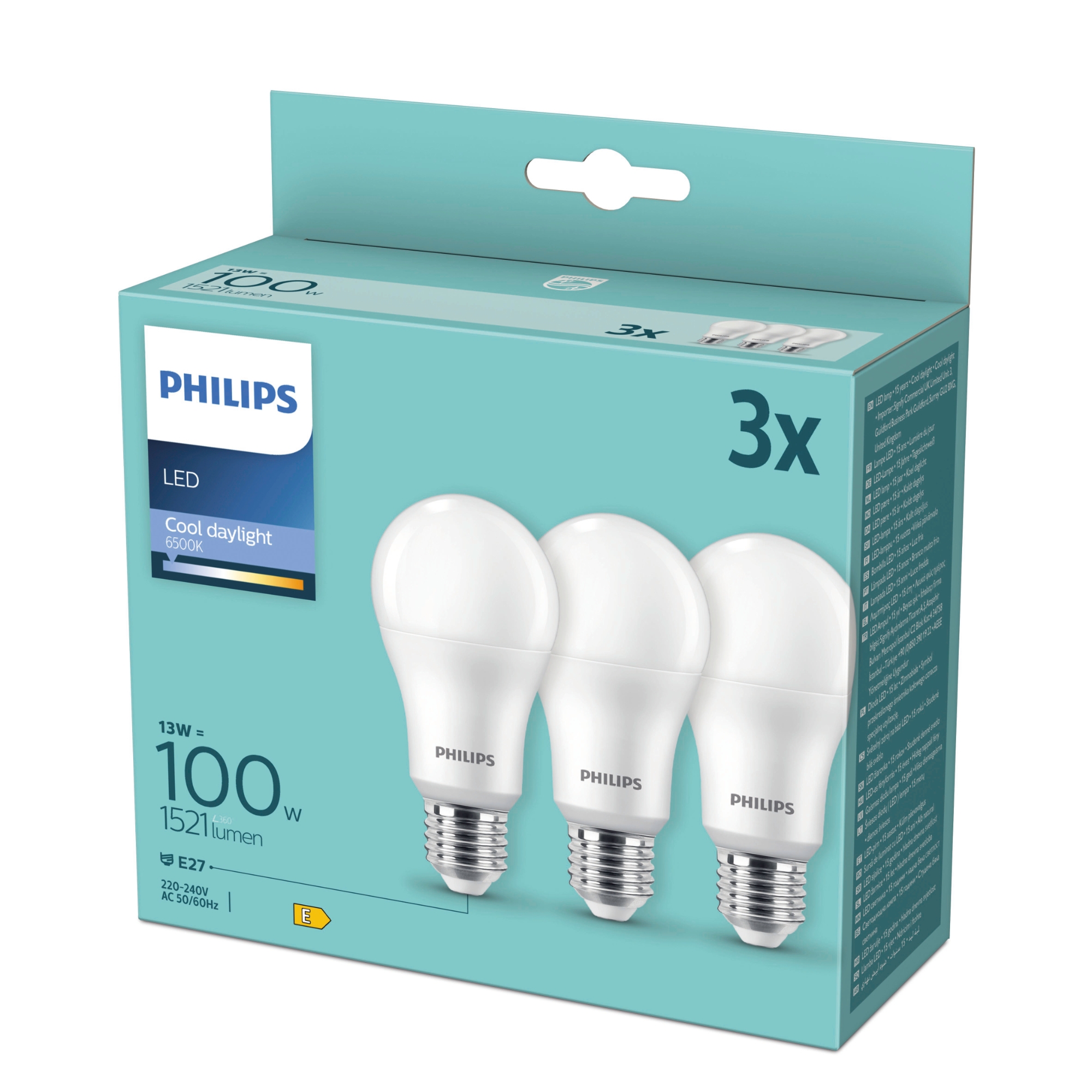 Bec LED Philips clasic A67 E27 13W 1521lm lumina rece 6500 K, set 3 bucati
