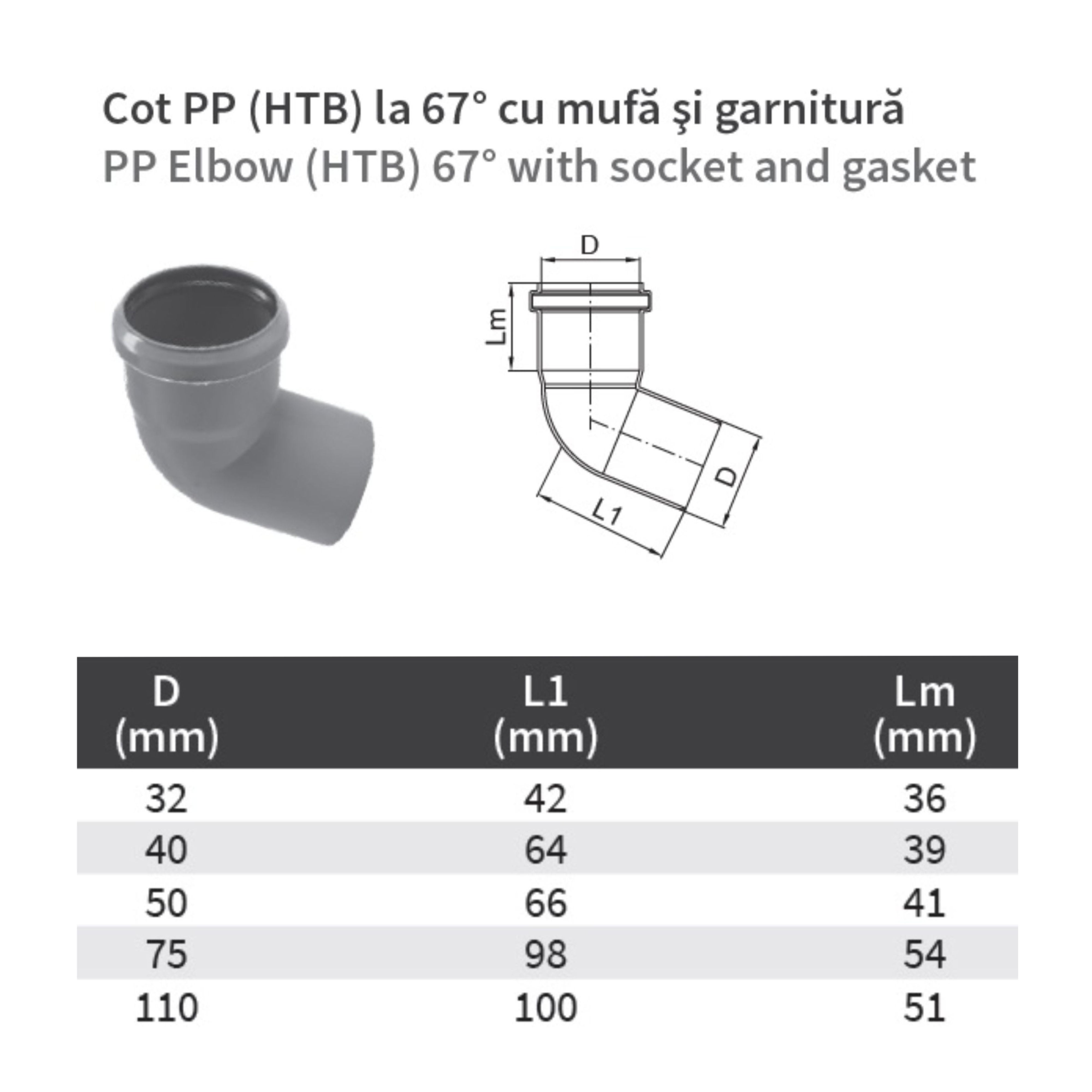Cot PP HTB, pentru scurgere, D 40 mm, 67  grade
