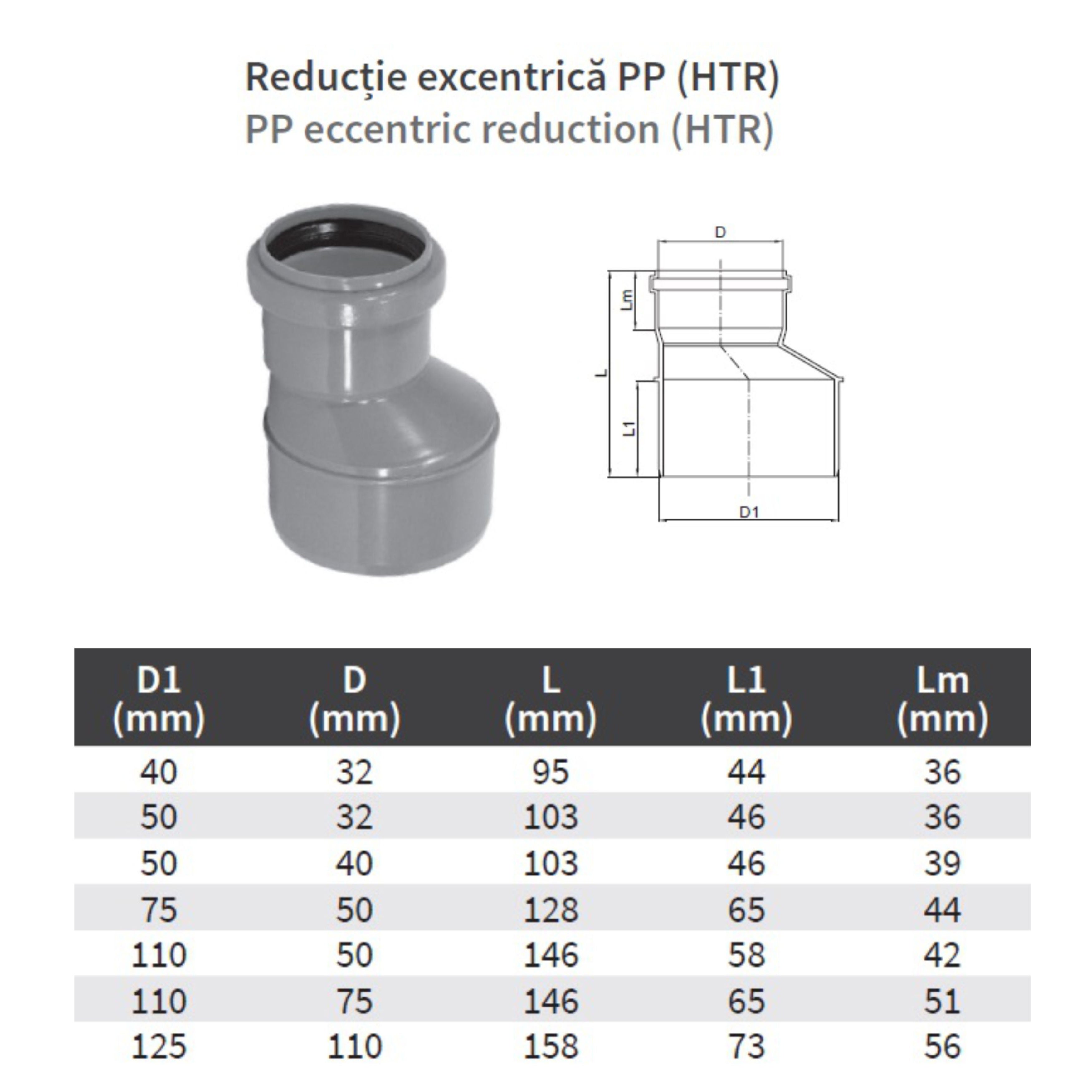 Reductie excentrica PP HTRA, pentru scurgere, D 50 mm - D 32 mm