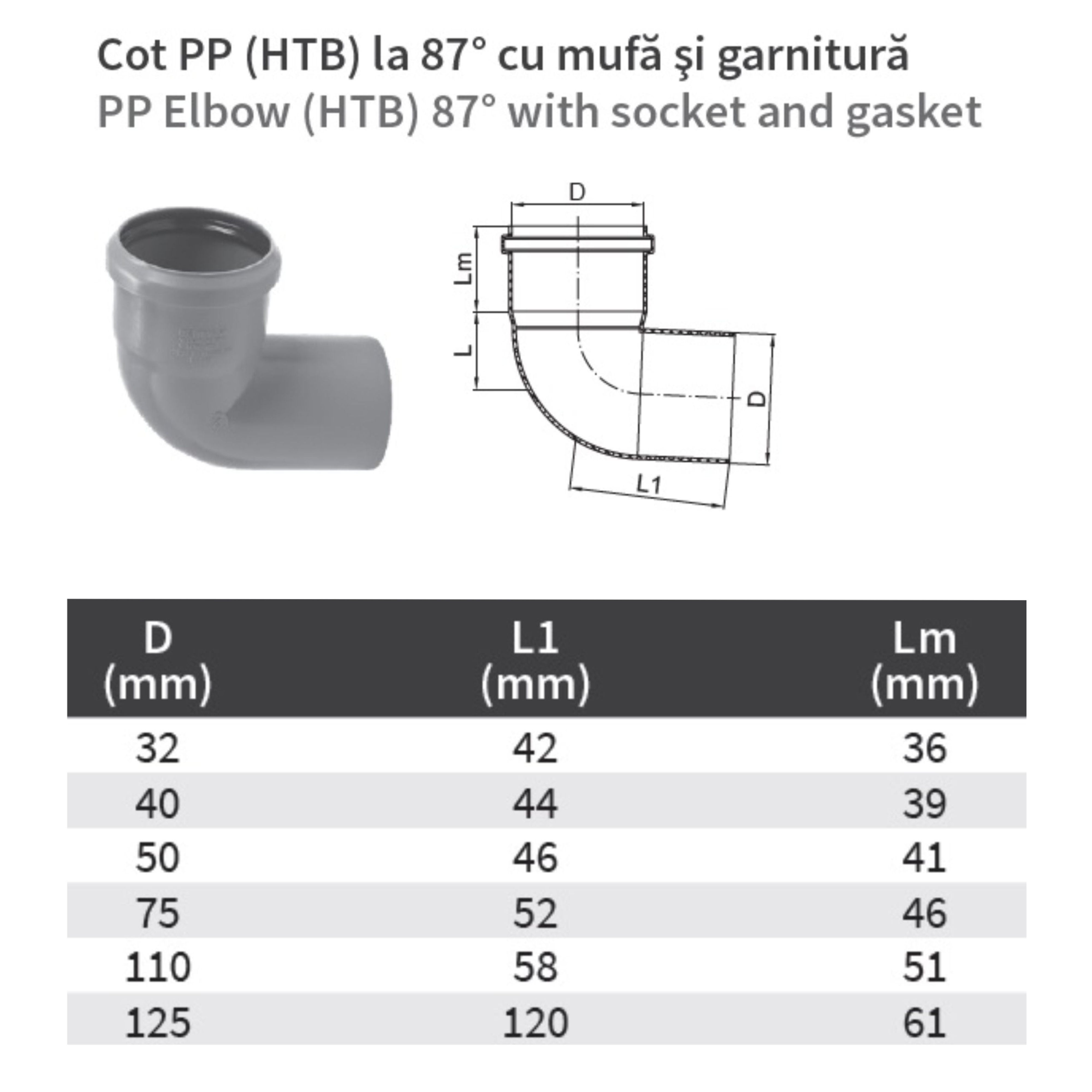Cot PP HTB, pentru scurgere, D 75 mm, 87 grade