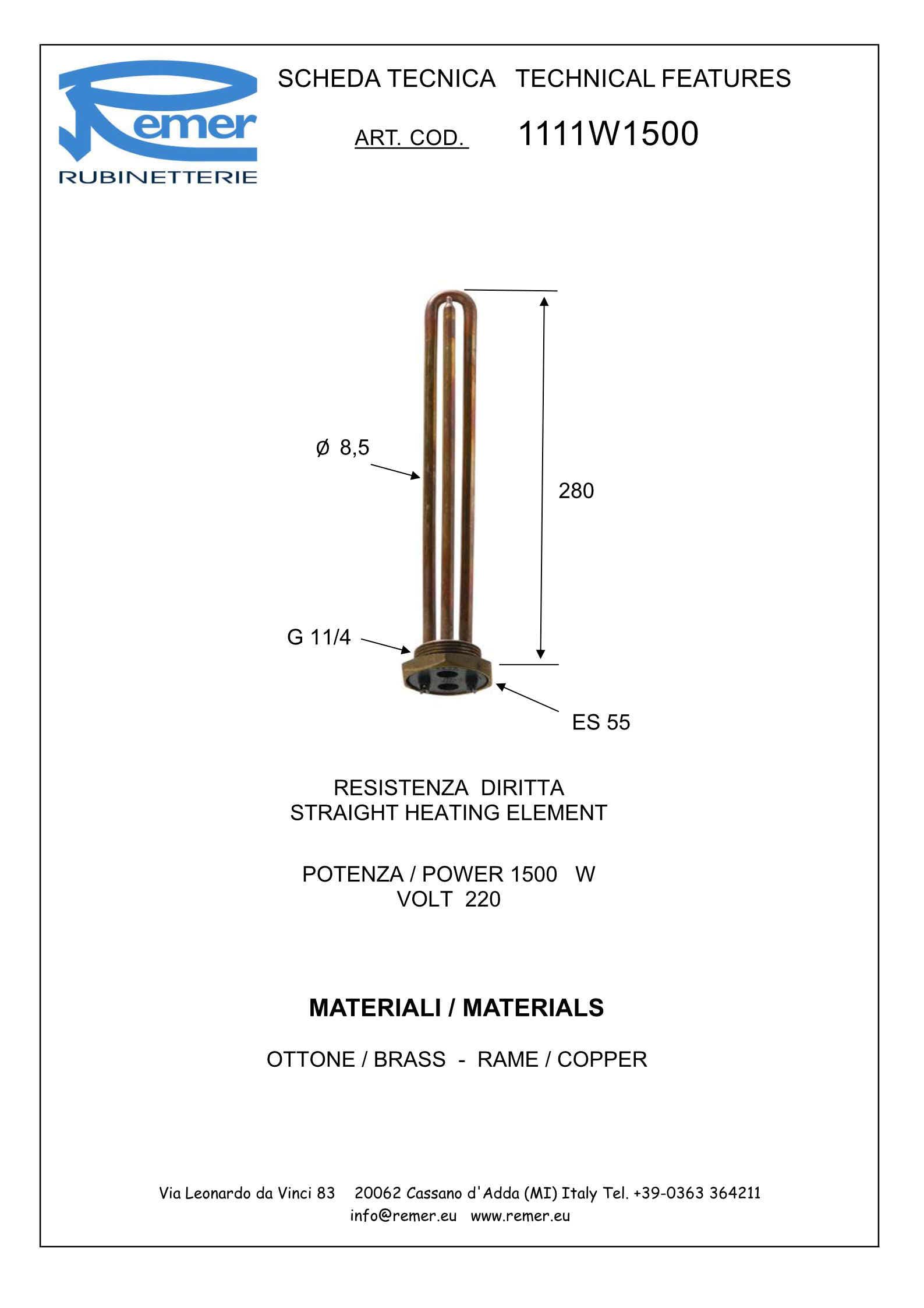 Rezistenta electrica pentru boiler Remer, cupru + alama, 1500 W,  1111W1
