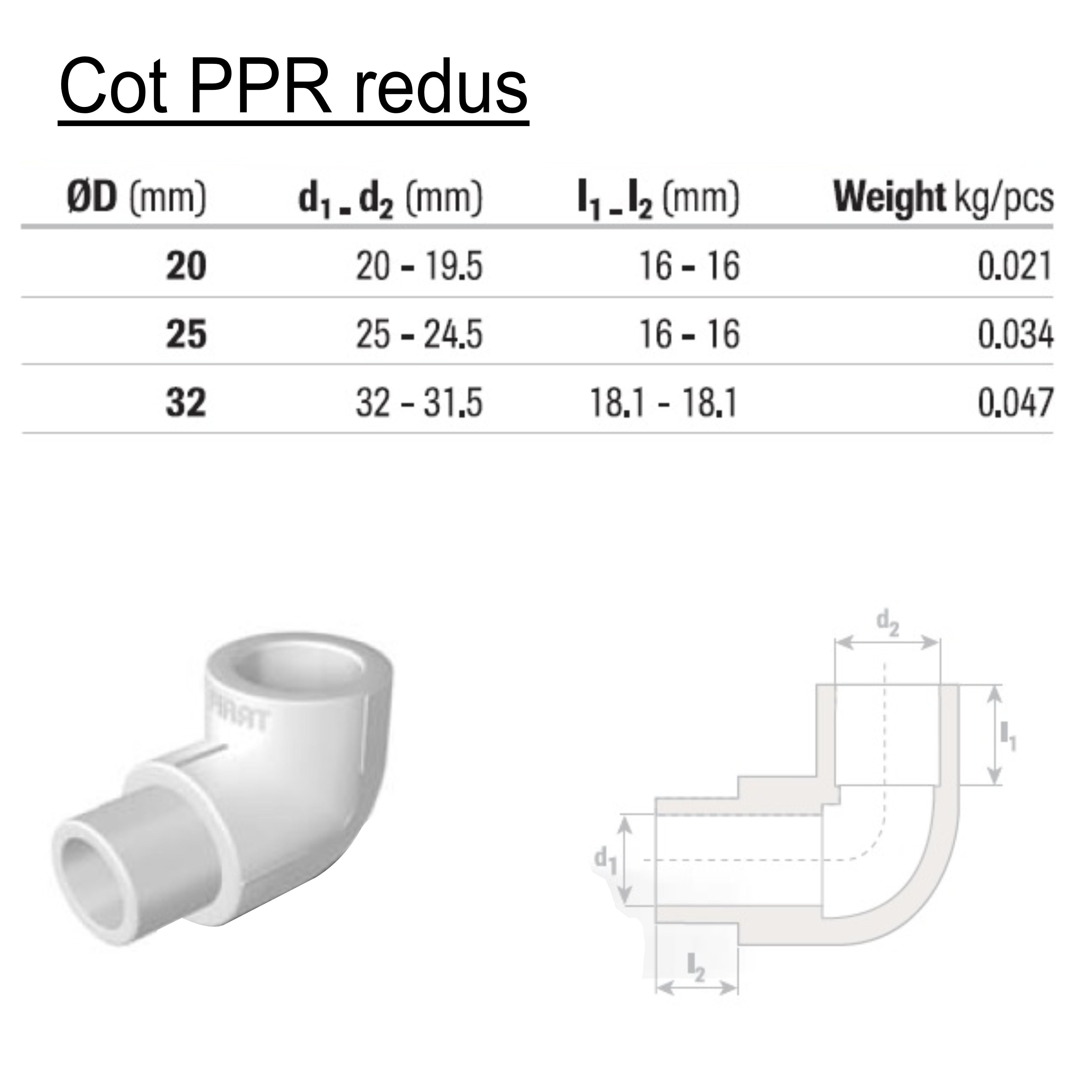 Cot PPR, redus, 20 x 20 mm, alb, 90 grade