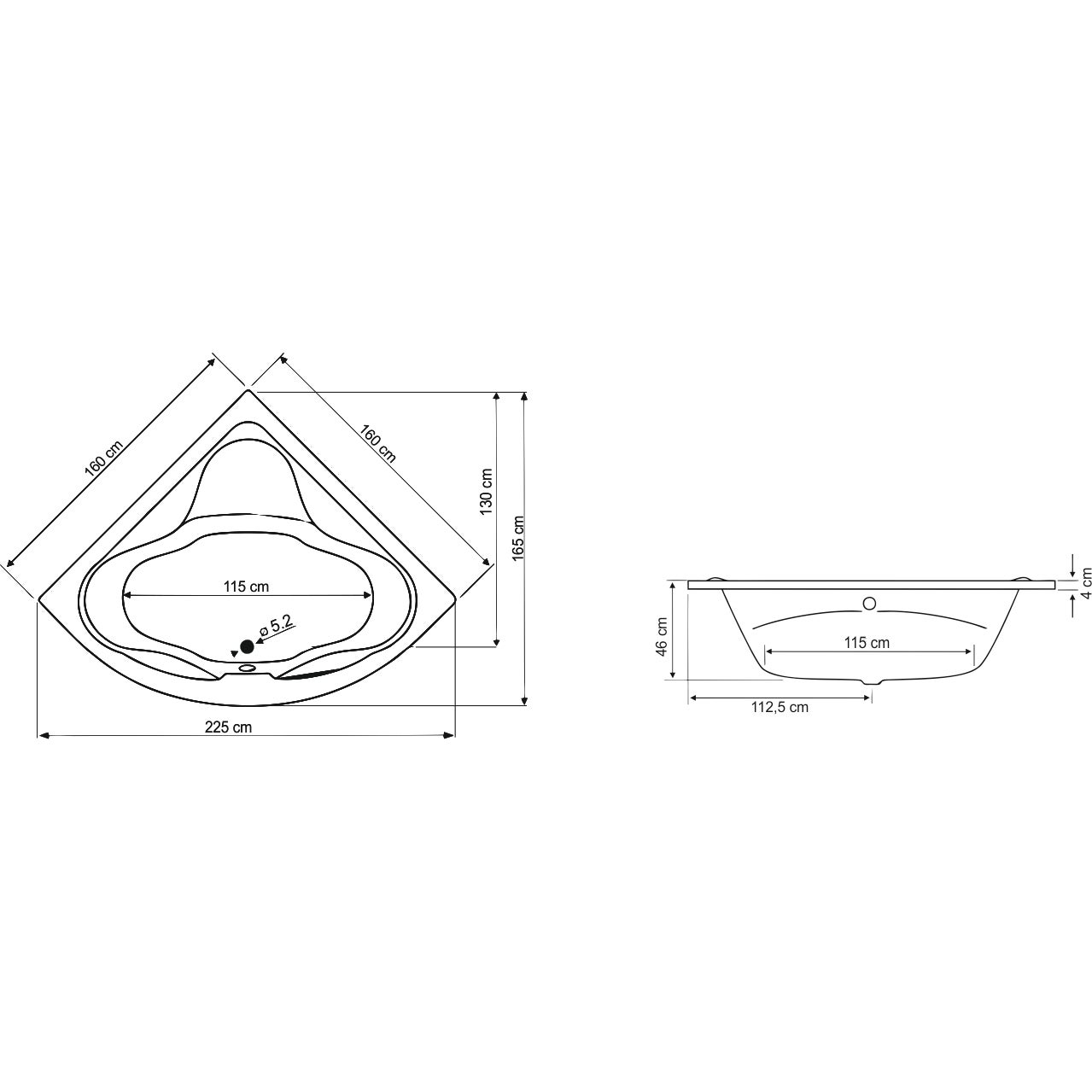 Cada baie simetrica, pe colt, West Massimo, masca si suport incluse, 160 x 160 cm