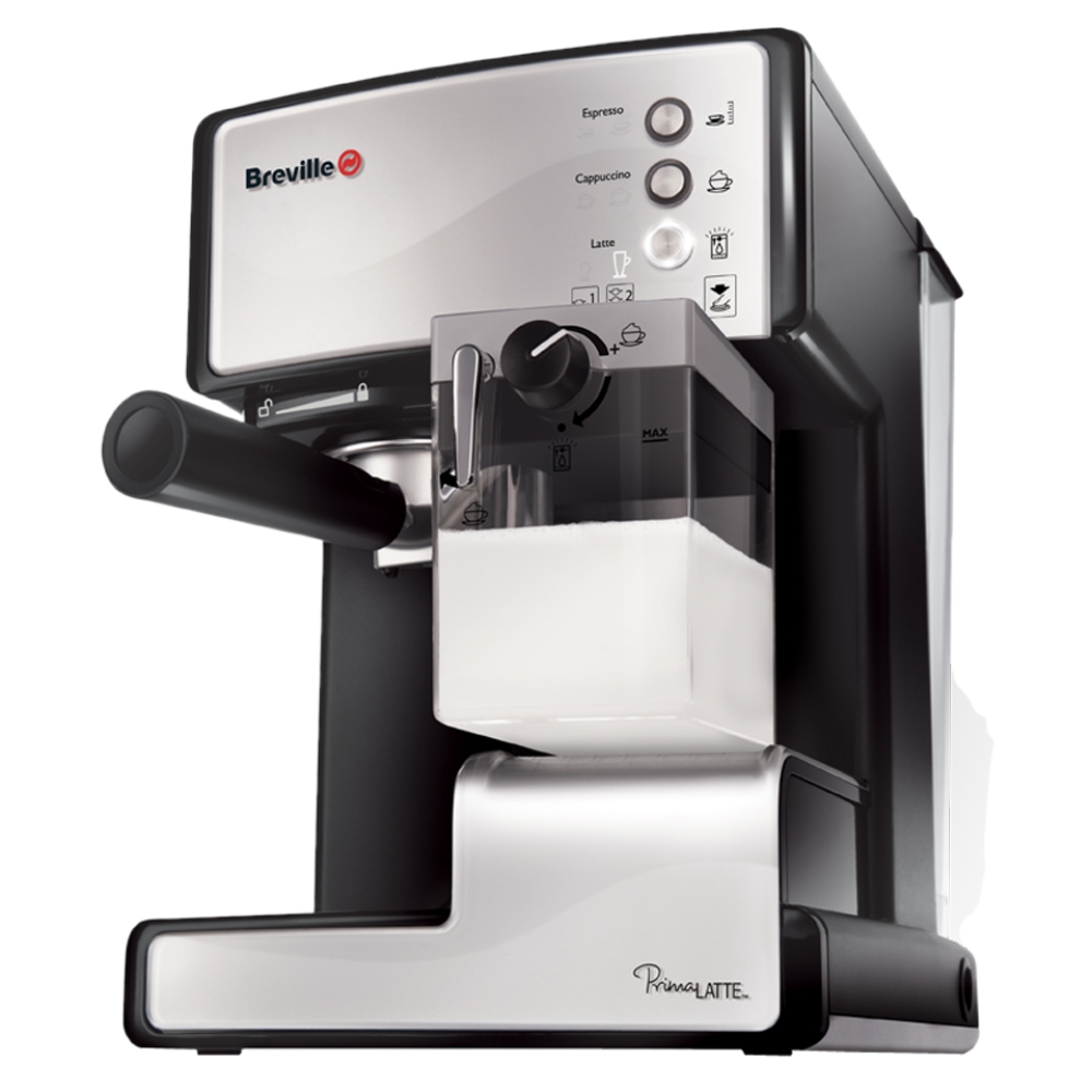 Espressor cafea Breville Prima Latte Silver VCF045X-DIM, cafea macinata + capsule, 15 bar, 1050 W, capacitate 1.5 litri, recipient lapte detasabil 0.3 litri, functie autocuratare, sistem termoblock, argintiu + negru