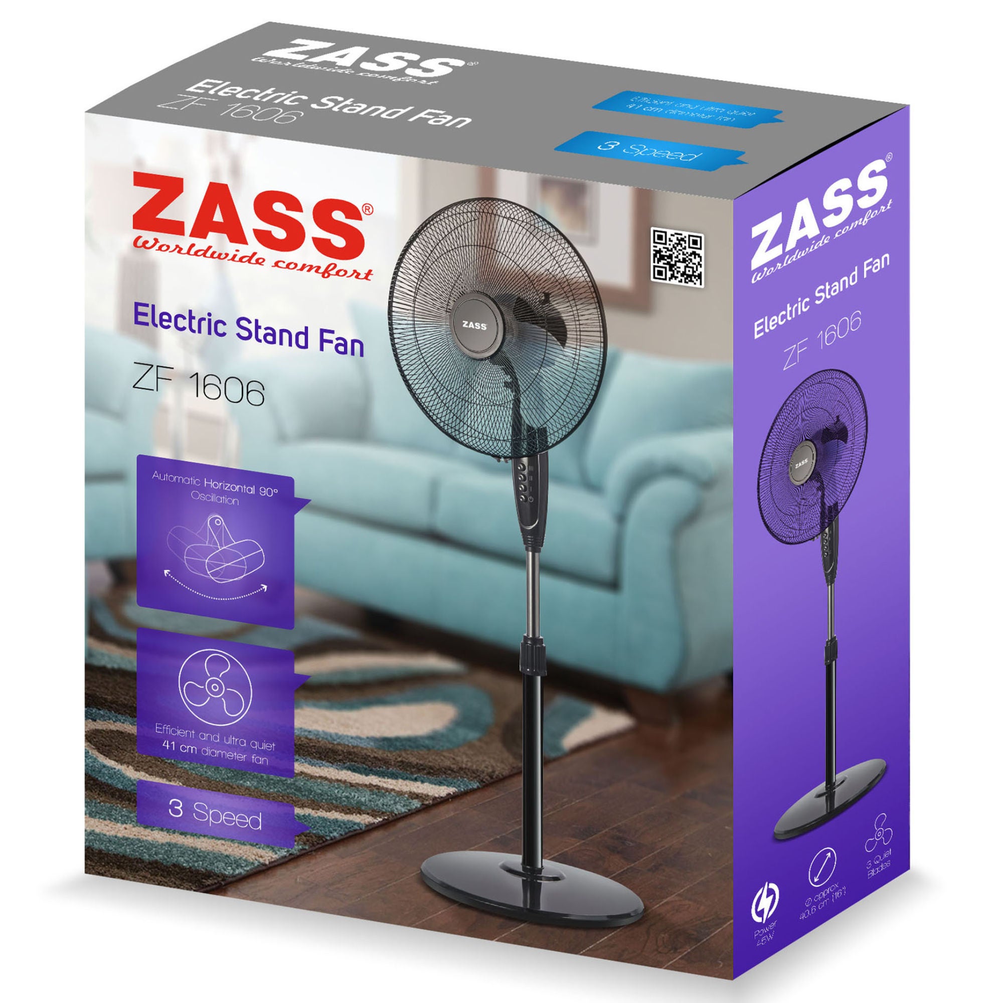 Ventilator cu picior Zass ZF 1606, 45 W, 3 viteze, diametru 41 cm, functie de oscilatie 90 grade dreapta - stanga, ajustare pozitie verticala a capului ventilatorului, grilaj de protectie metalic, maner integrat pentru mutare facila, negru