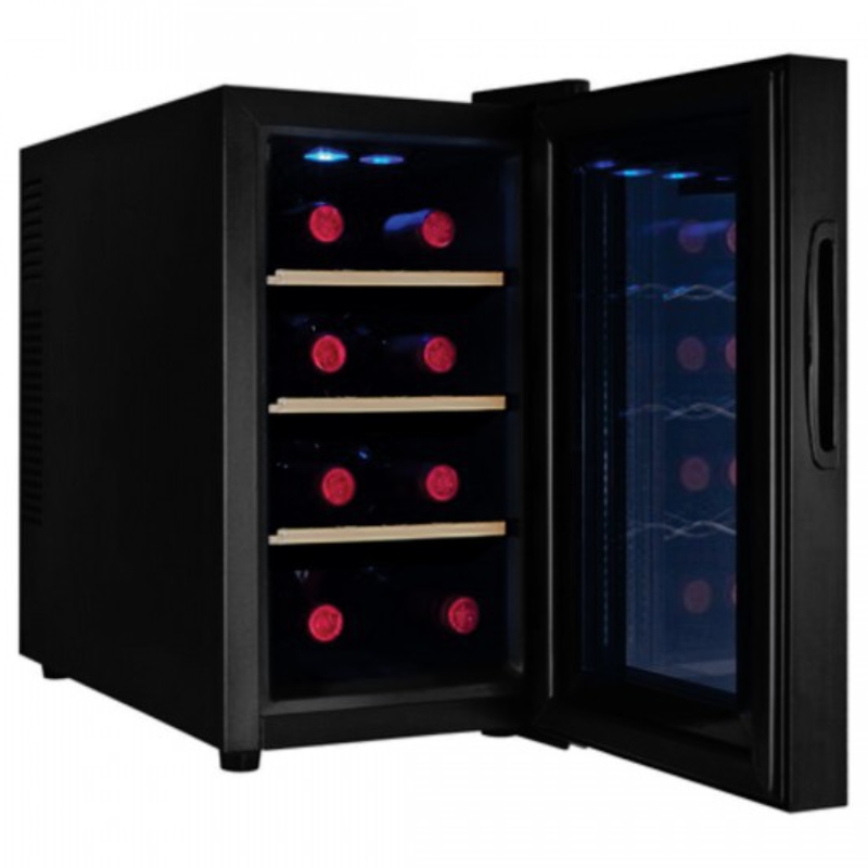 Racitor pentru vin Samus SRV25LMA+, 3 rafturi din lemn, 21 litri, capacitate 8 sticle, panou control cu afisaj electronic, iluminare interioara LED, negru, 45.3 x 25.2 x 50 cm