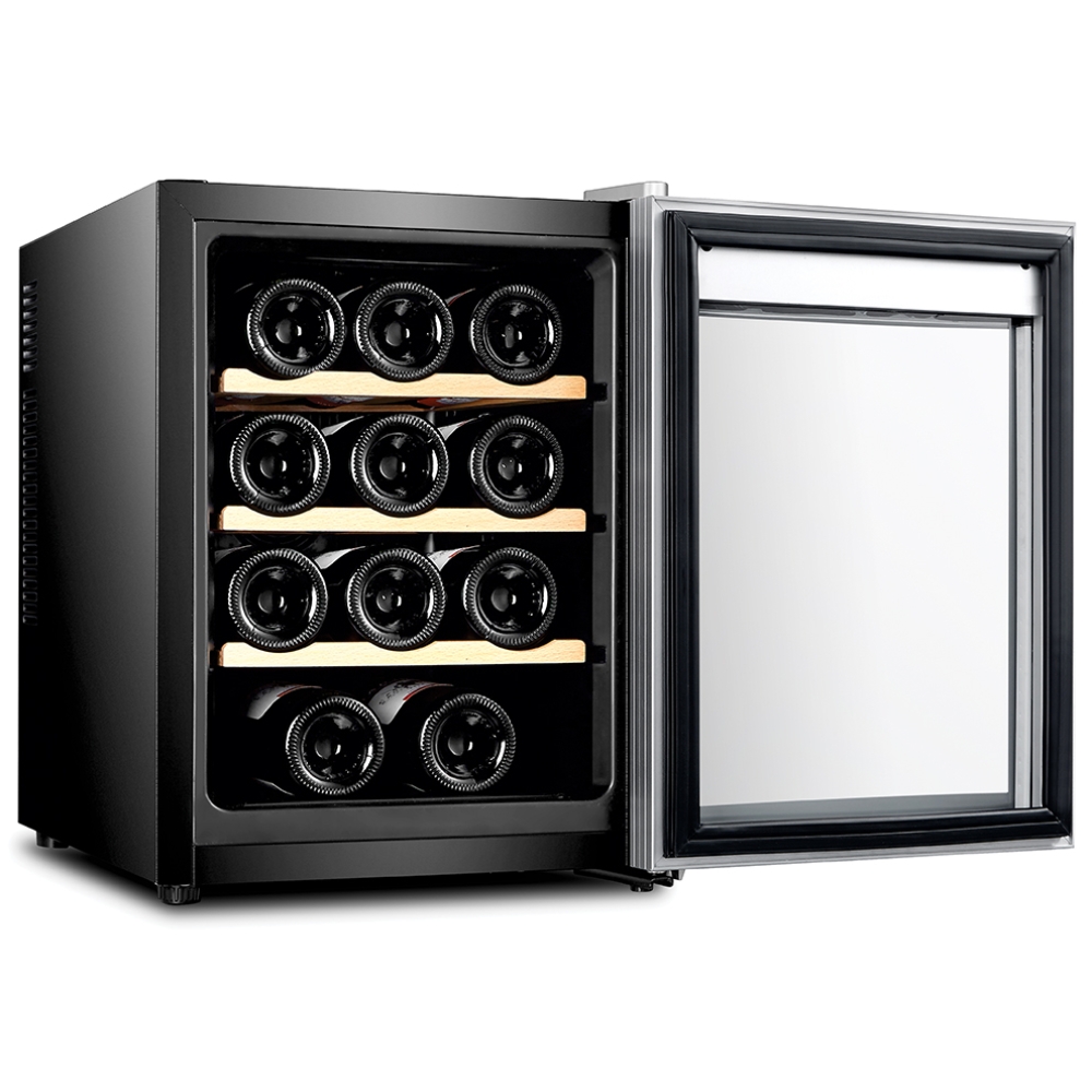 Racitor pentru vin Samus SRV36LMA, 3 rafturi din lemn, 33 litri, capacitate 12 sticle, panou control cu afisaj electronic, iluminare interioara LED, negru, 34.5 x 51 x 48 cm