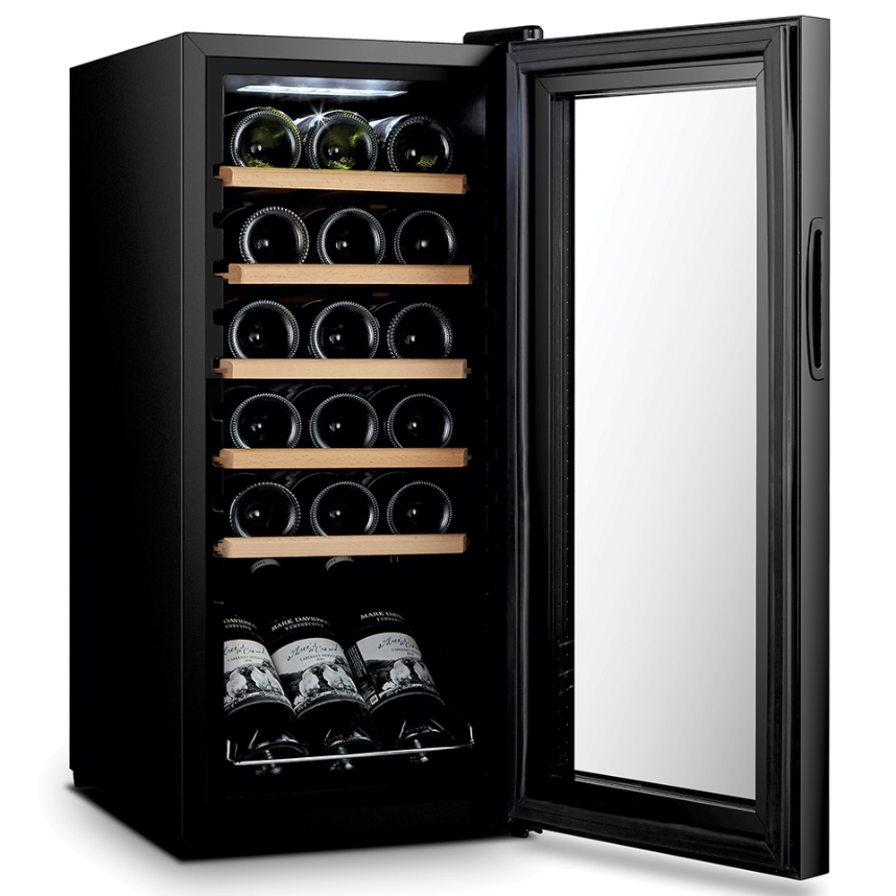 Racitor pentru vin Samus SRV54LMCA, 5 rafturi din lemn, 50 litri, capacitate 18 sticle, panou control cu afisaj electronic, iluminare interioara LED, negru, 34.5 x 45 x 77 cm