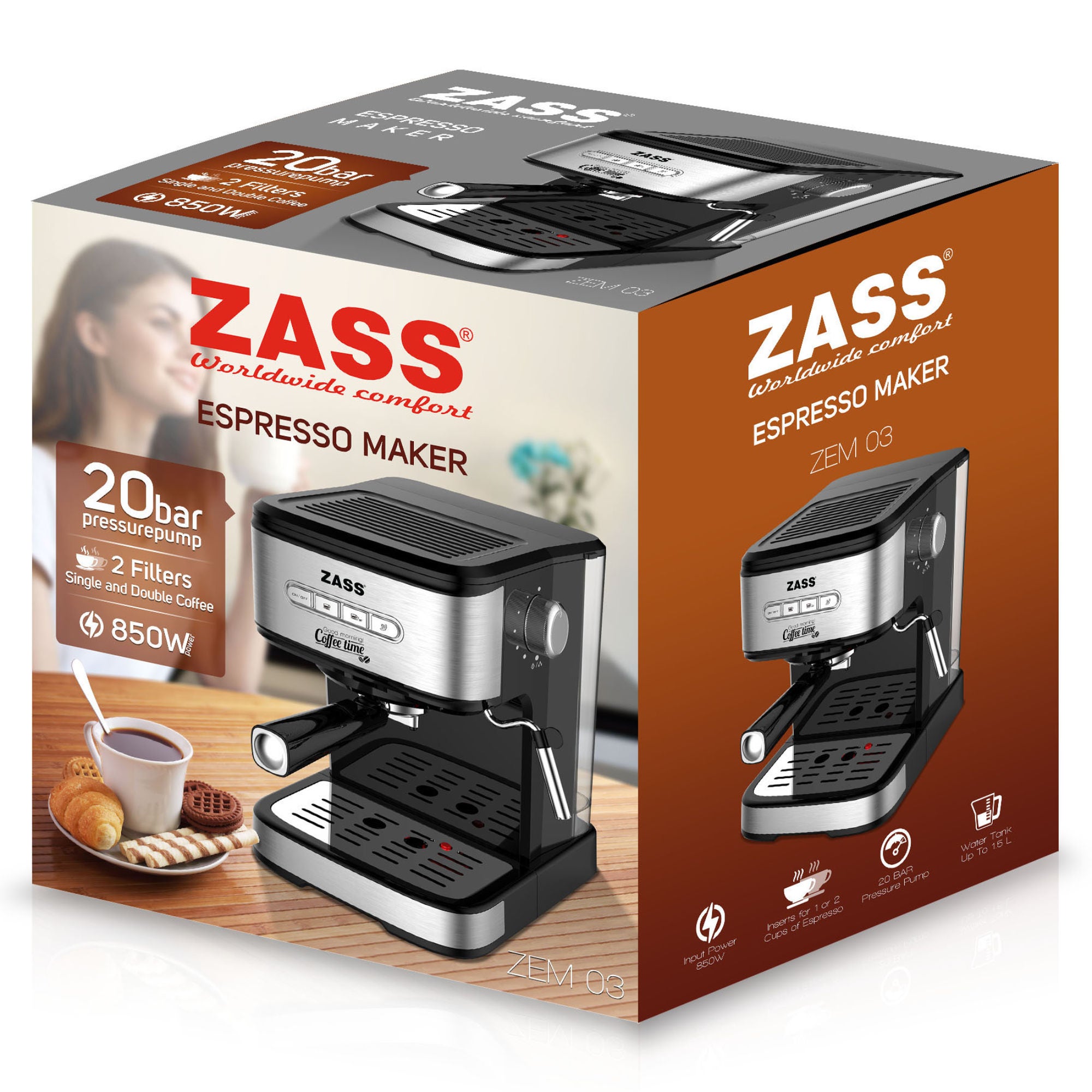 Espressor cafea Zass ZEM 03, cafea macinata, 20 bar, 850 W, capacitate 1.5 litri, panou de control cu 4 butoane iluminate, buton rotativ pentru controlul gradului de spumare, argintiu + negru