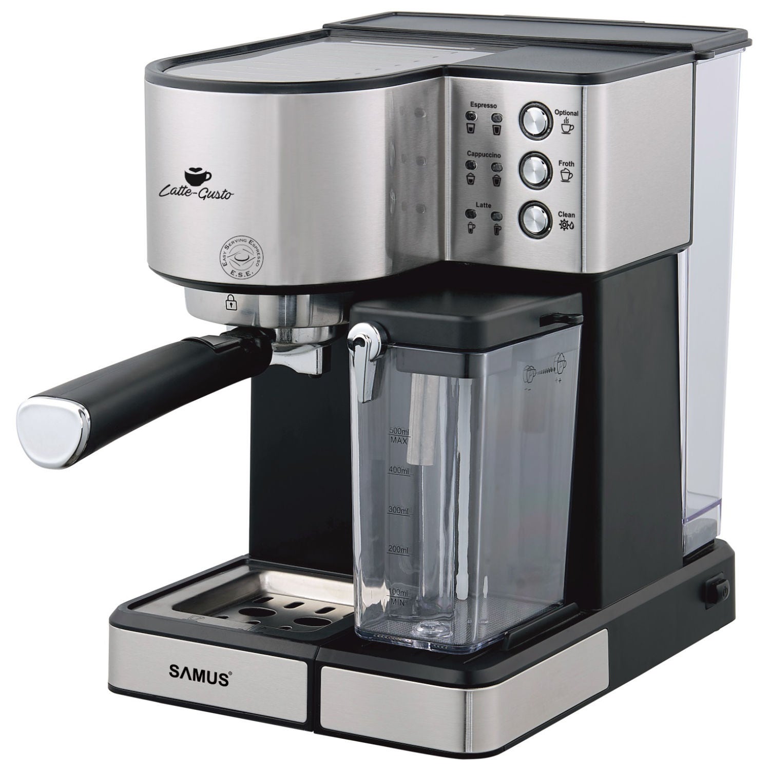 Espressor cafea Samus Latte Gusto, cafea macinata, 20 bar, 1350 W, rezervor apa 1.8 litri, rezervor lapte 0.5 litri, functie de curatare, filtru detasabil din inox, argintiu + negru