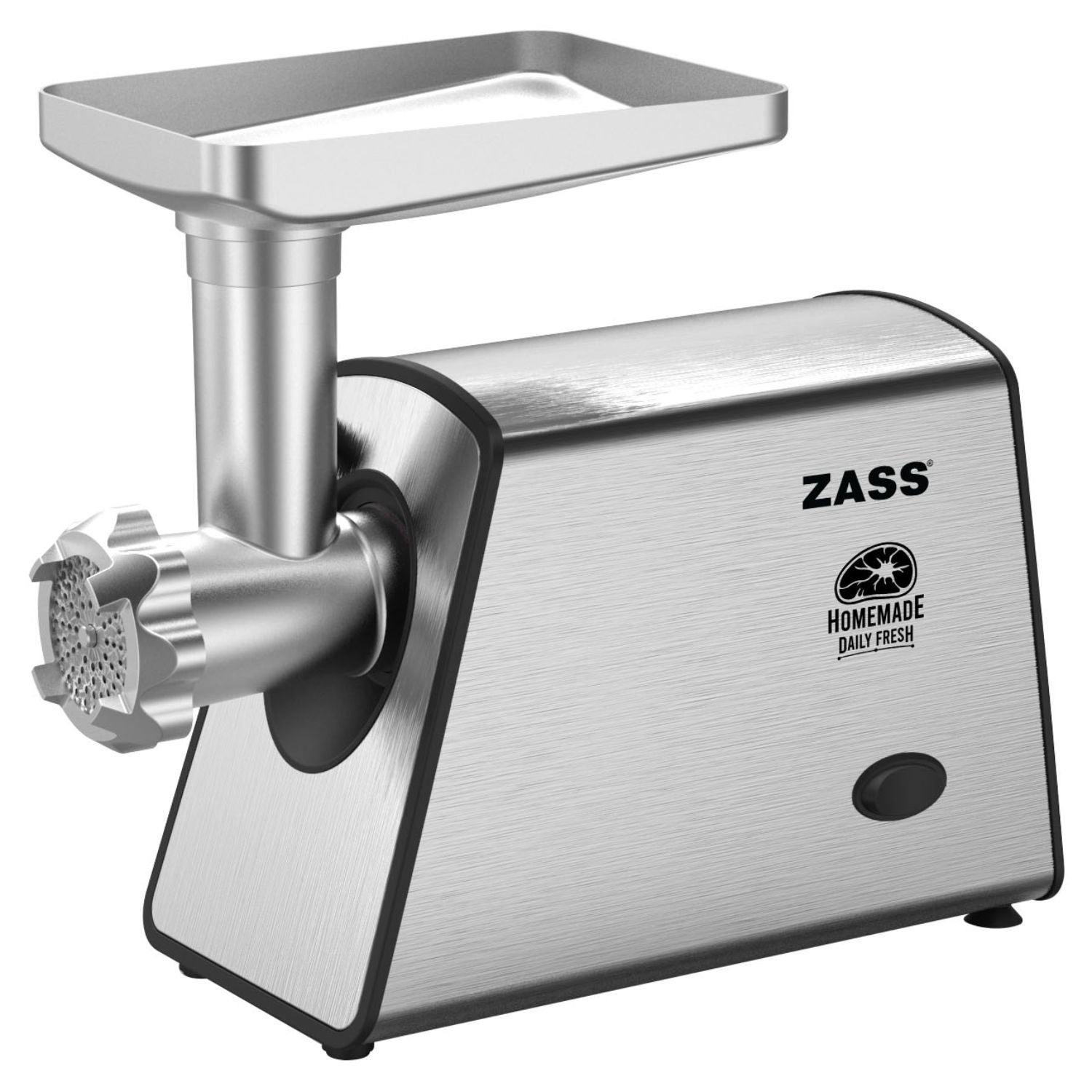 Masina de tocat carne, electrica, Zass ZMG 14, functie Reverse, 1.6 kg/min, 1600 W, accesoriu carnati si kebbe, accesoriu pentru suc de rosii, argintie