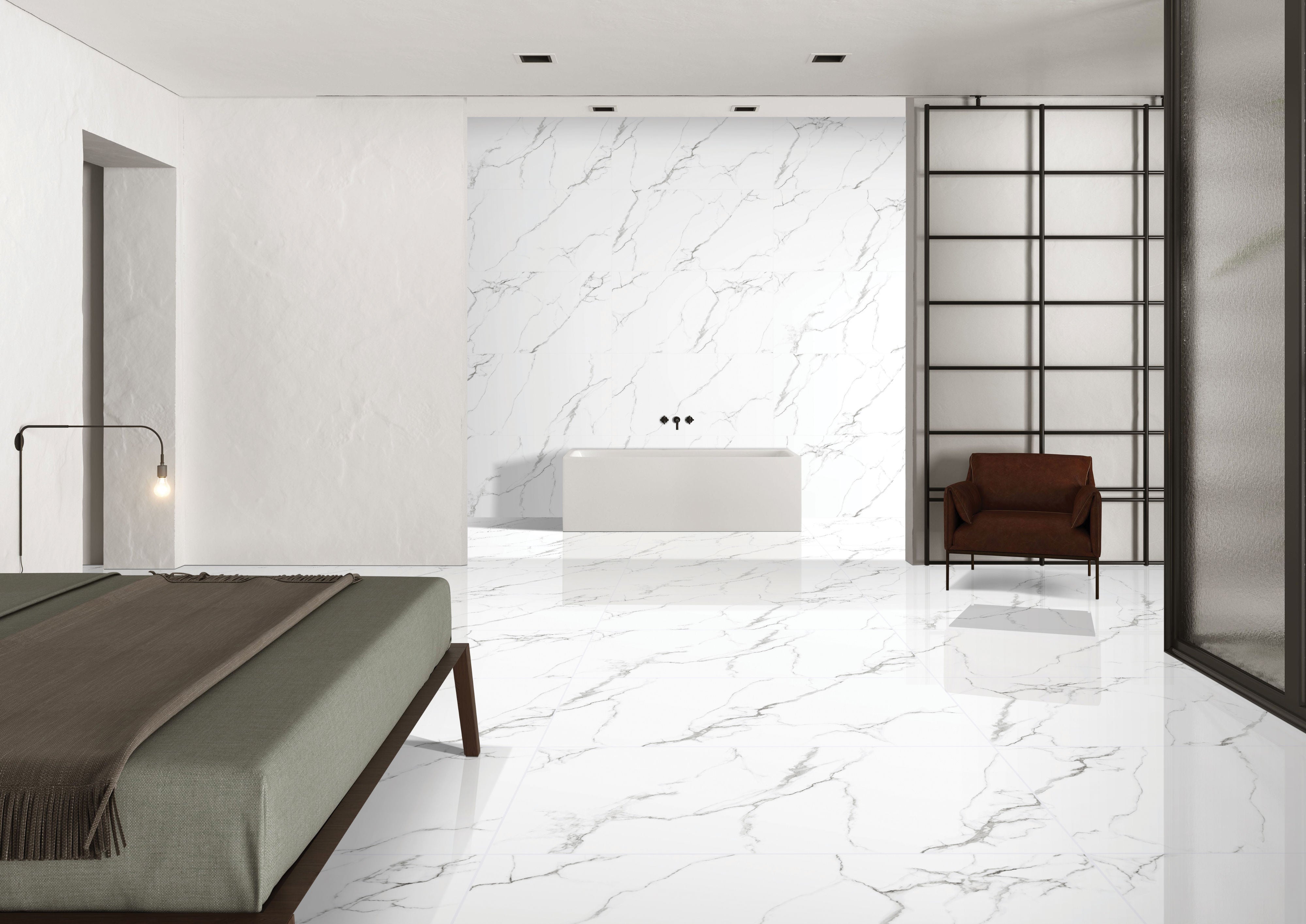 Gresie exterior / interior portelanata McKinley, alb, lucioasa, rectificata, imitatie marmura, 60 x 120 cm