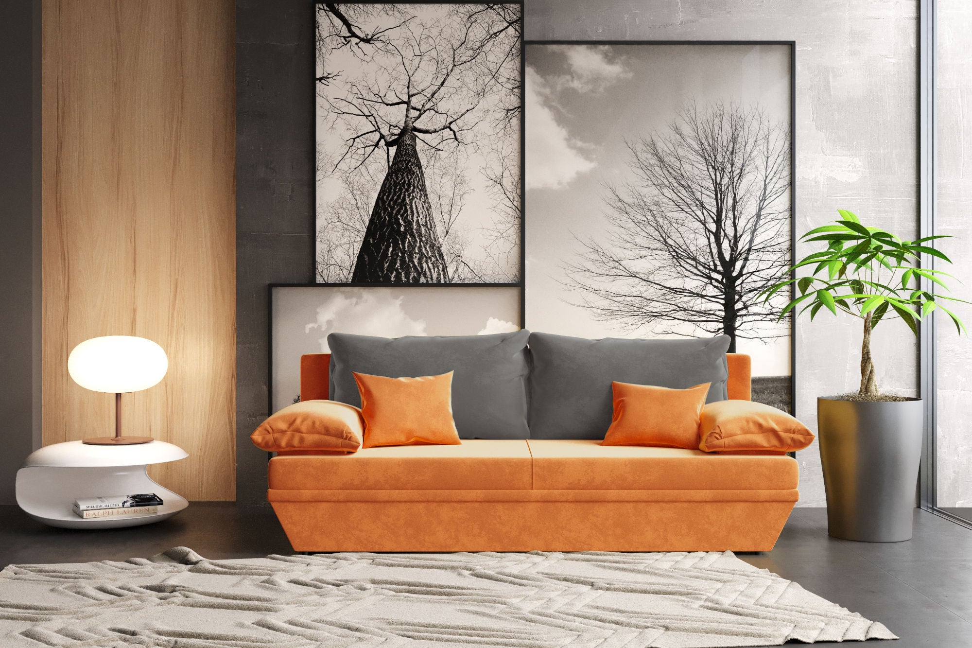 Canapea extensibila 3 locuri Alice, cu lada, portocaliu + gri deschis, 190 x 95 x 80 cm, 2C