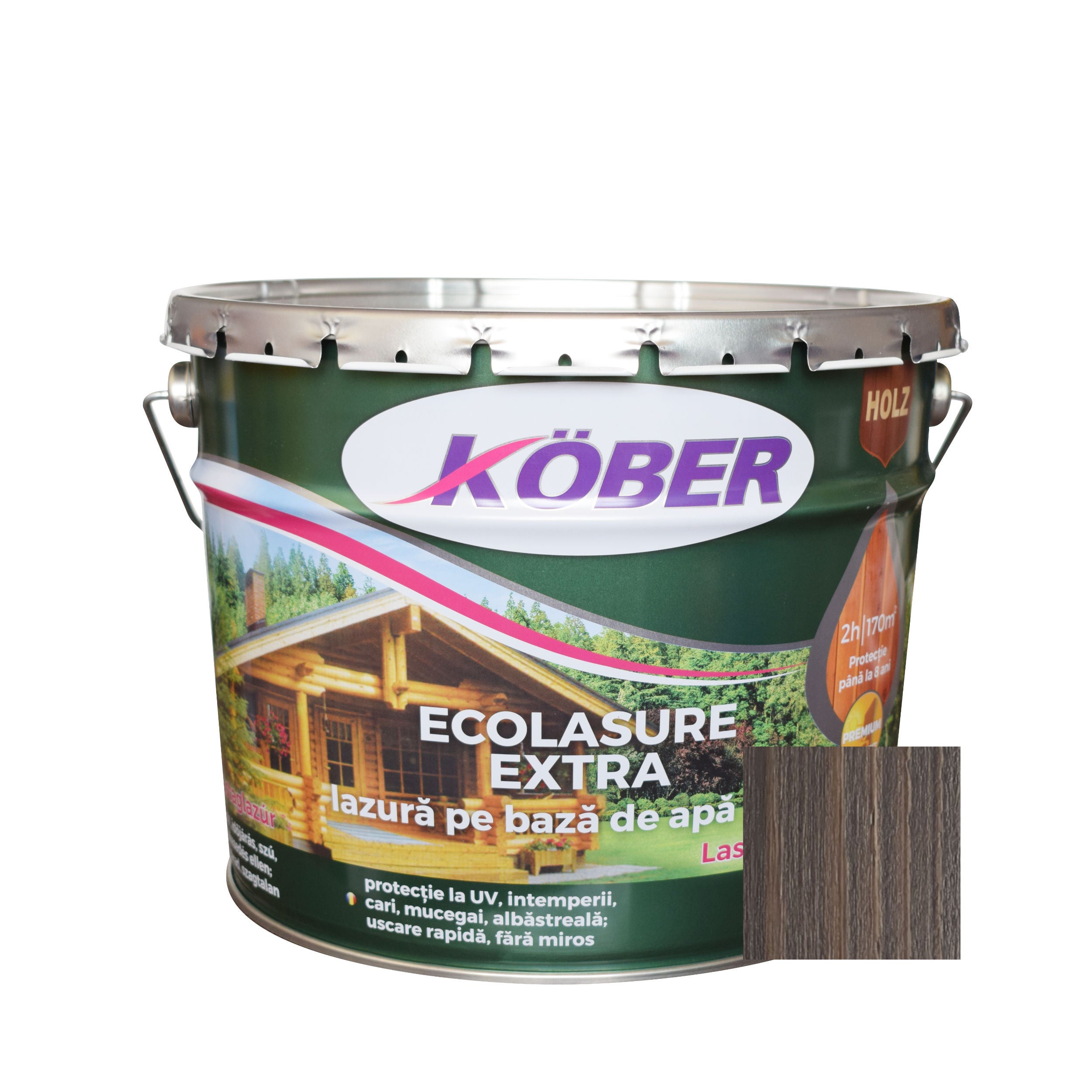Lac / lazura 3 in 1 pentru lemn, Kober Ecolasure Extra, stejar gri, pe baza de apa, interior / exterior, 10 L