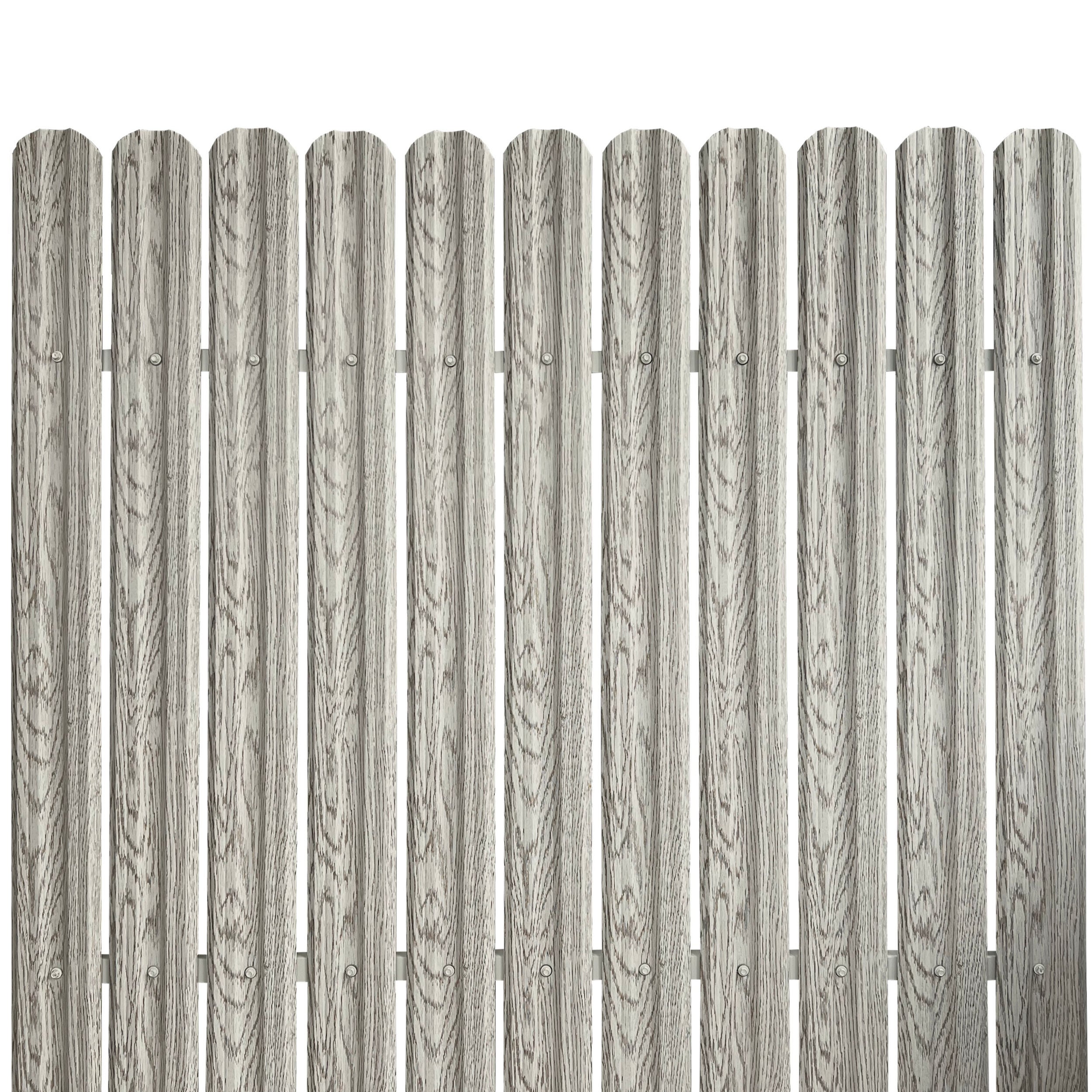 Sipca metalica cutata pentru gard, stejar alb, 1300 x 115 x 0.4 mm, set 25 bucati + 50 bucati surub autoforant
