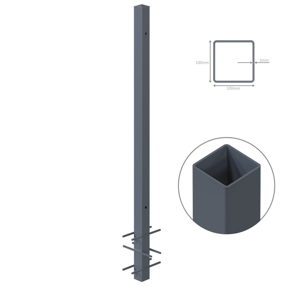 Stalp de gard, otel, negru, dreptunghiular, H 2400 mm, 100 x 100 mm