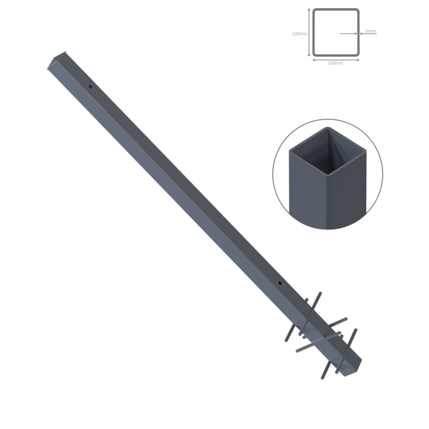 Stalp de gard, otel, negru, dreptunghiular, H 2400 mm, 100 x 100 mm