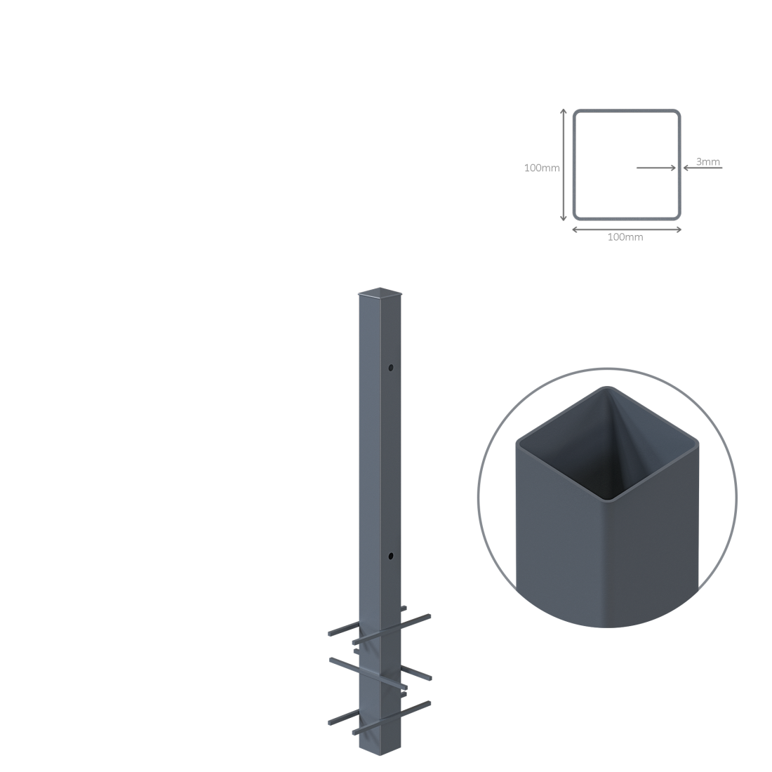 Stalp de gard, otel, negru, dreptunghiular, H 1550 mm, 100 x 100 mm