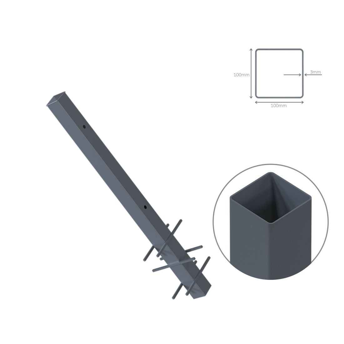 Stalp de gard, otel, negru, dreptunghiular, H 1550 mm, 100 x 100 mm
