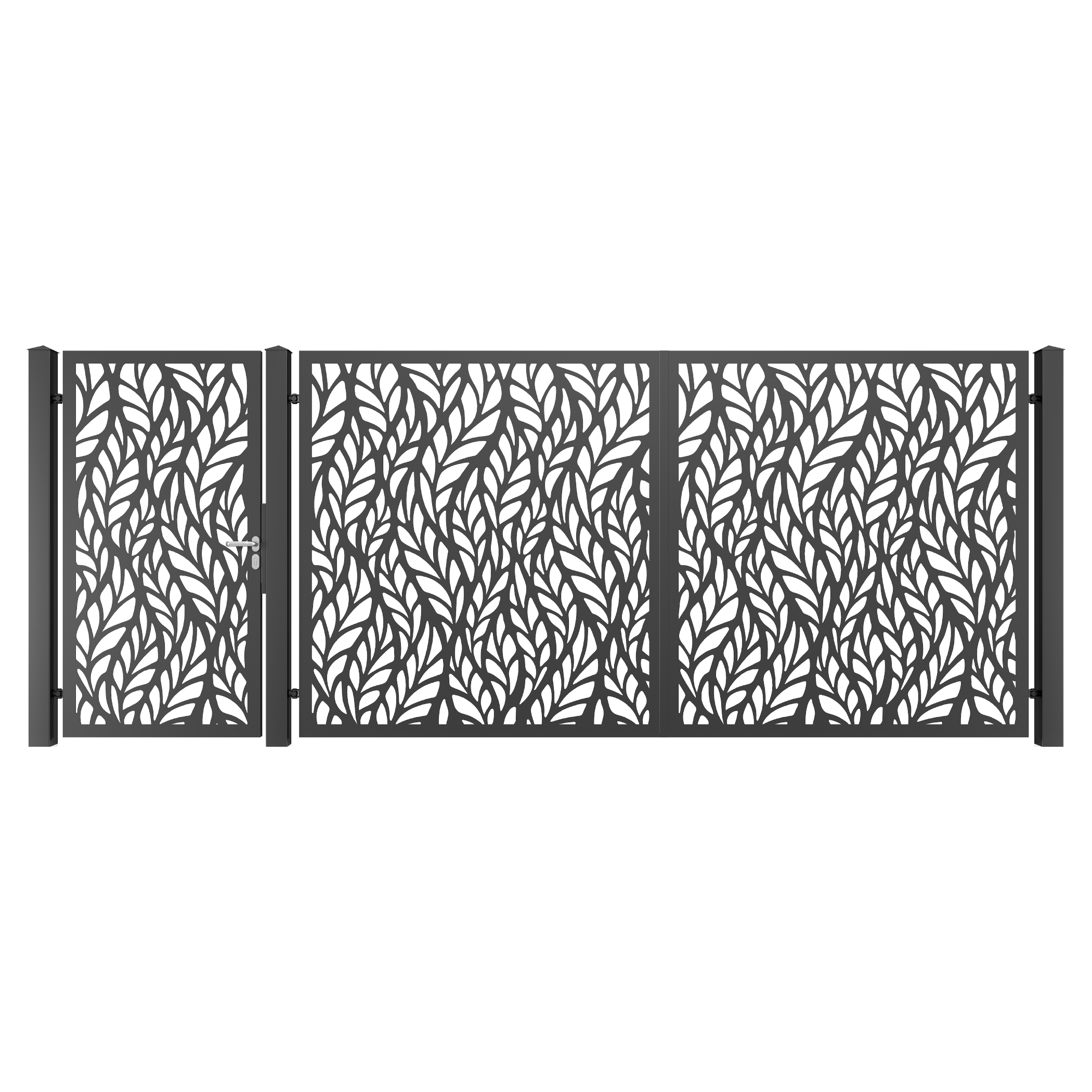 Porti metalice din tabla decupata, set poarta pietonala (stanga) si poarta auto, aluminiu, negru (RAL 9005), M37, 4280 x 1800 mm