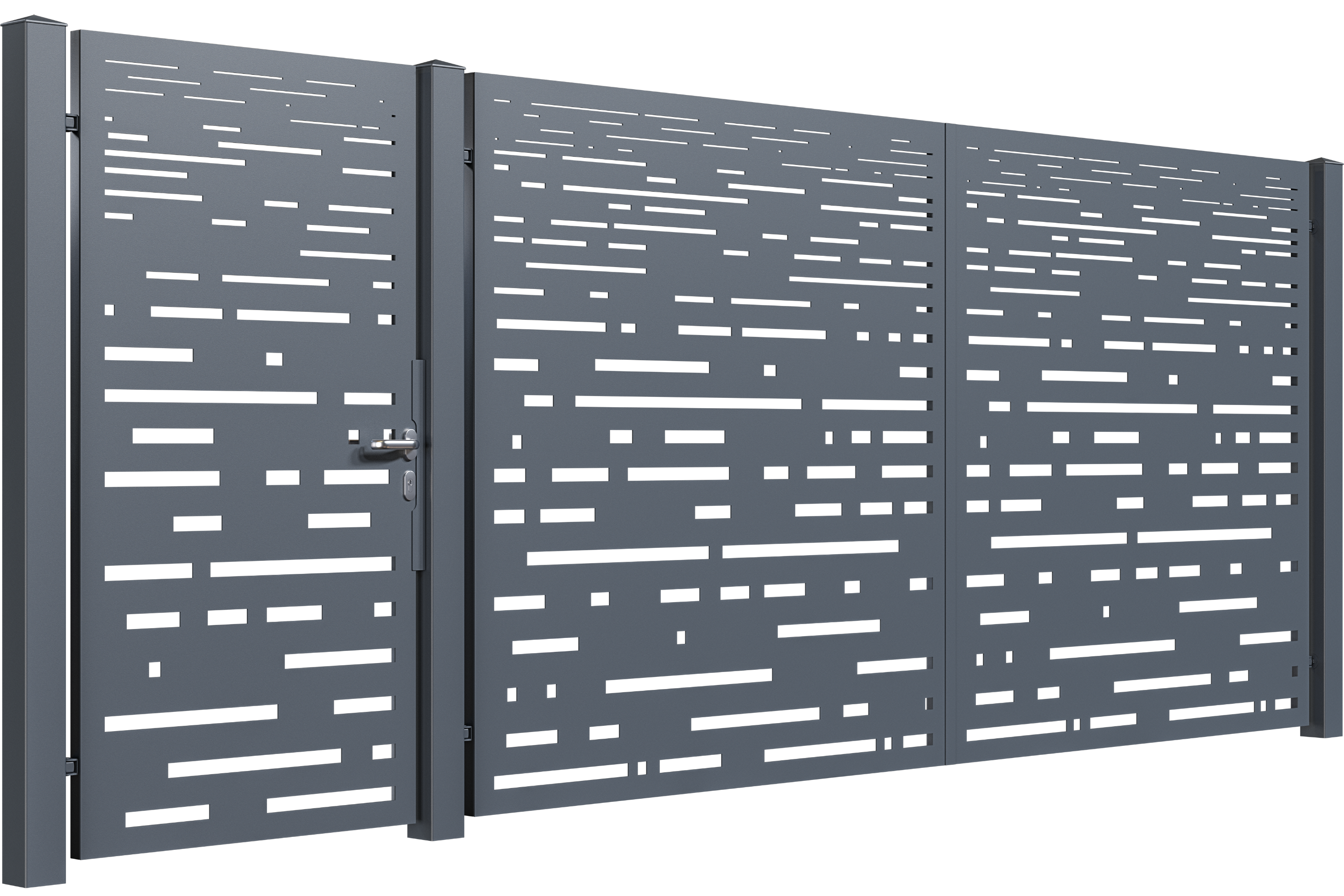 Porti metalice din tabla decupata, set poarta pietonala (stanga) si poarta auto, M59, otel, negru (RAL 9005), 4280 x 1800 mm