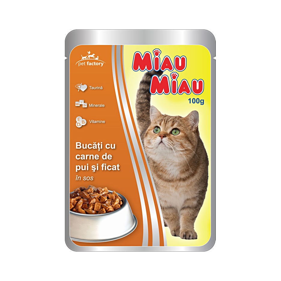 Hrana umeda pentru pisici, Miau Miau, adult, carne de pui si ficat, 100g