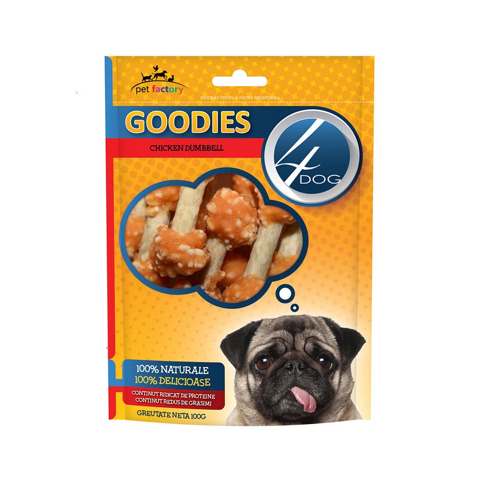 Recompensa caini / hrana complementara, 4 Dog Goodies Chicken Dumbbells, punga 100 g, toate taliile, toate varstele, carne de pui