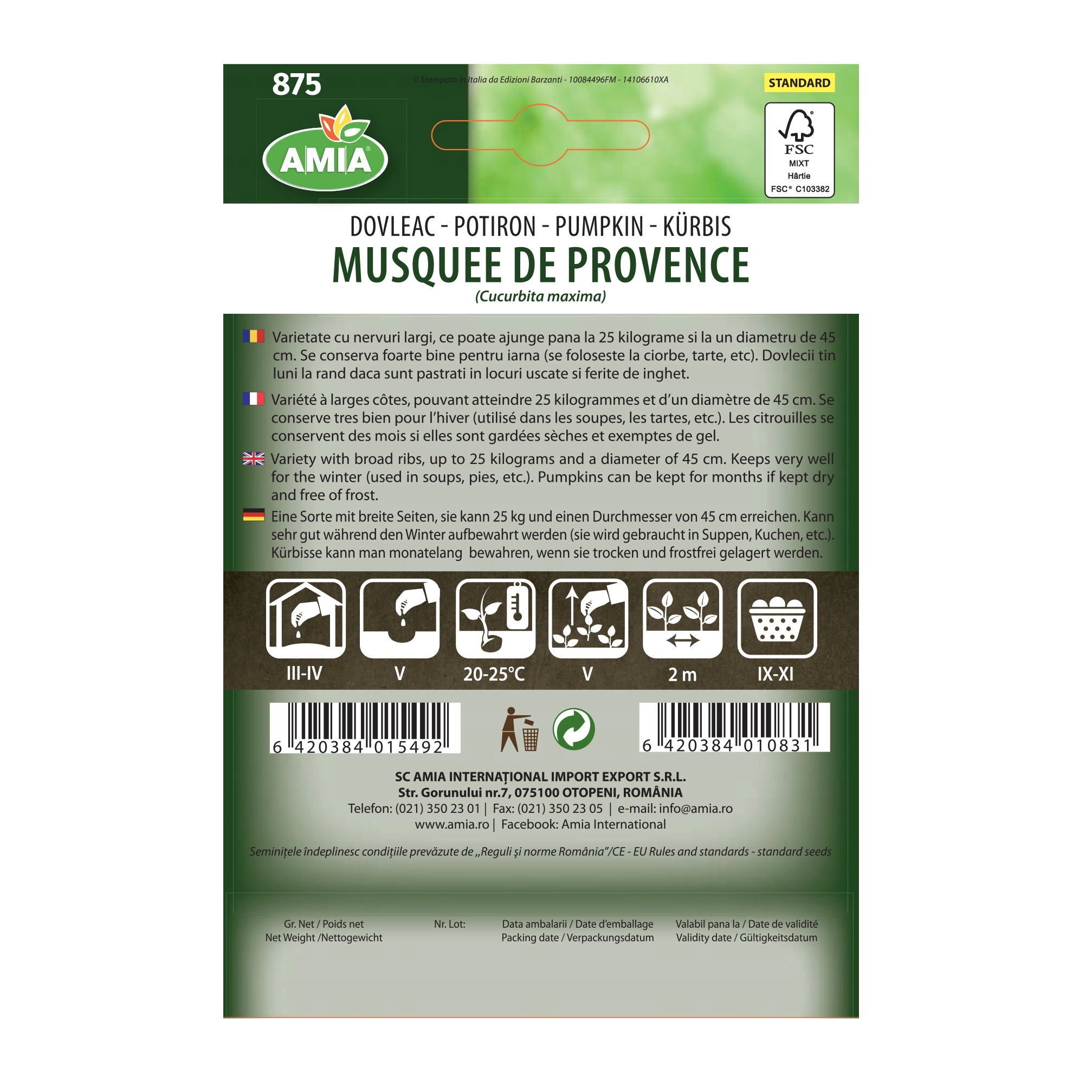 Seminte legume Amia A, dovleac placintar Musquee De Provence