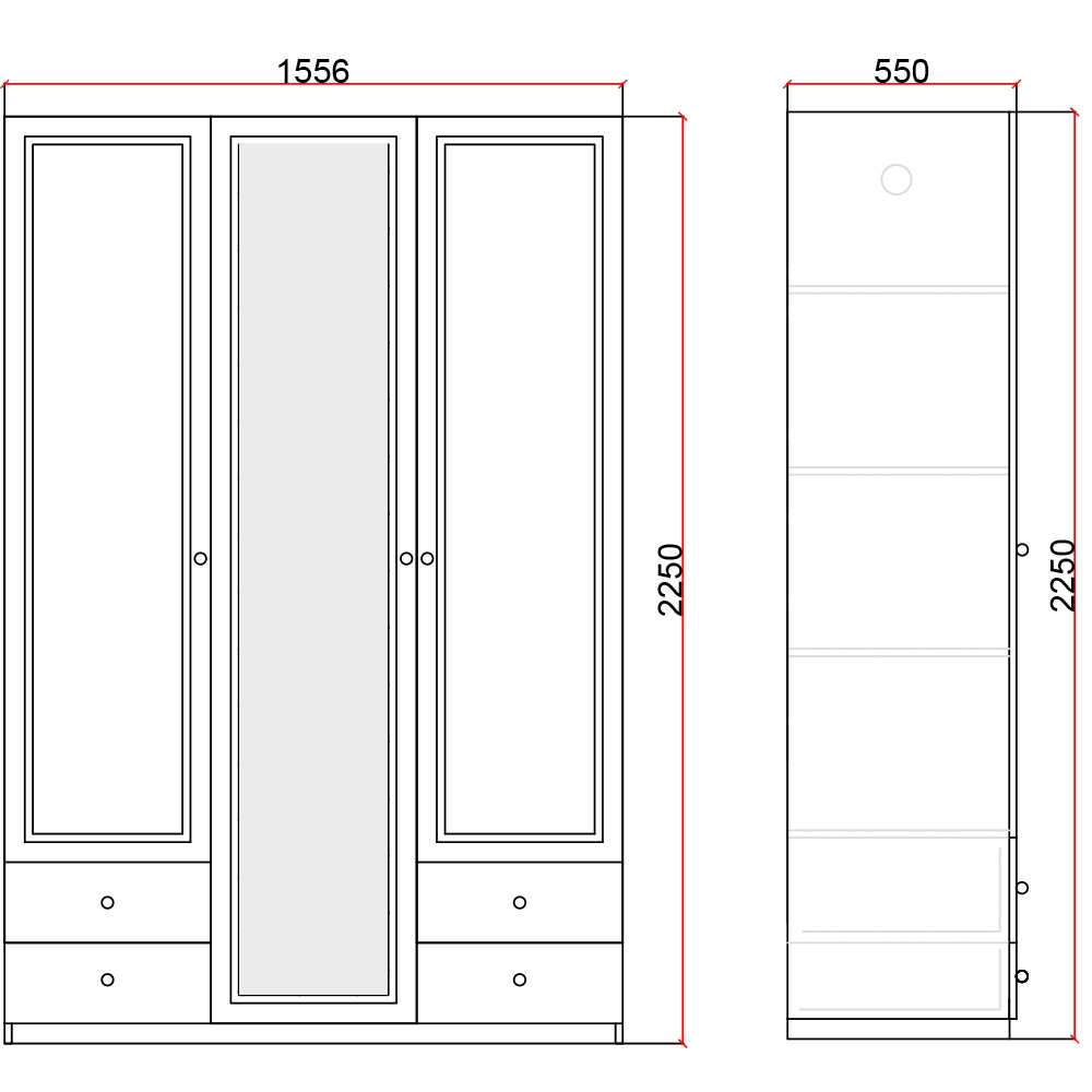 Dulap dormitor Stefan DS6, furnir diverse culori, 3 usi, cu oglinda, 155.5 x 55 x 225 cm, 4C
