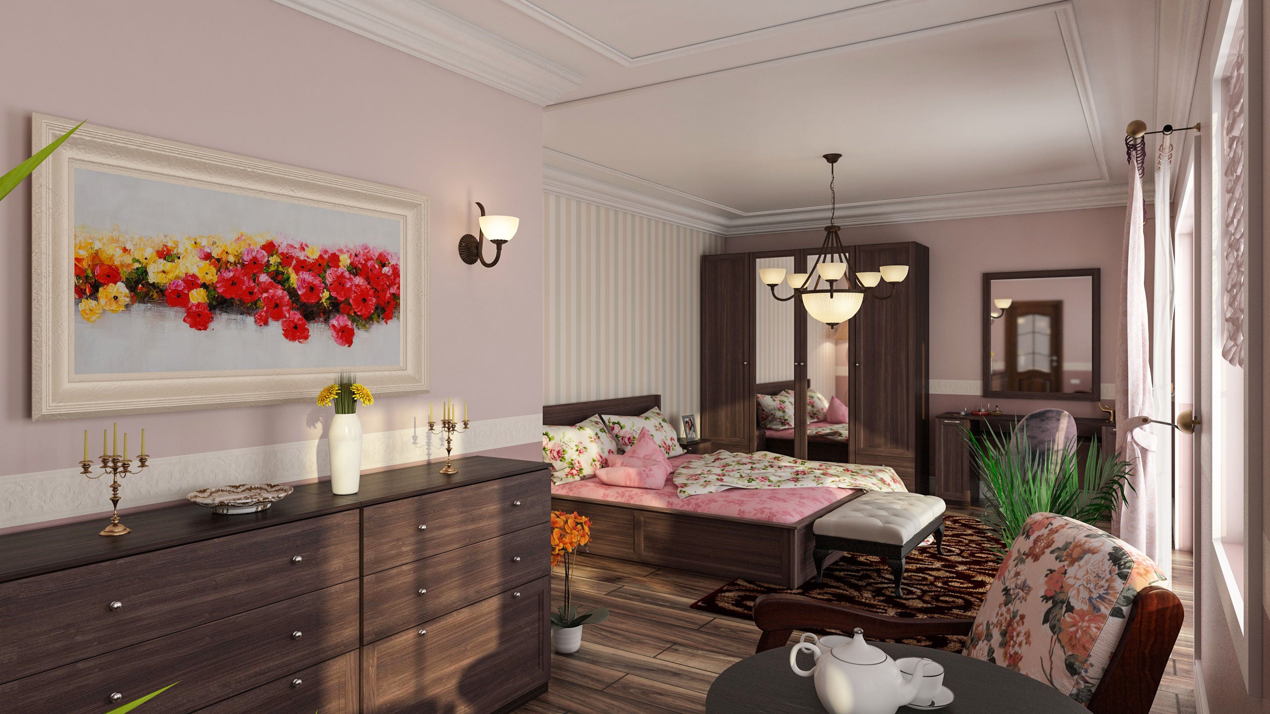 Dulap dormitor Stefan DS7, furnir diverse culori, 4 usi, cu oglinda, 205.5 x 55 x 225 cm, 4C