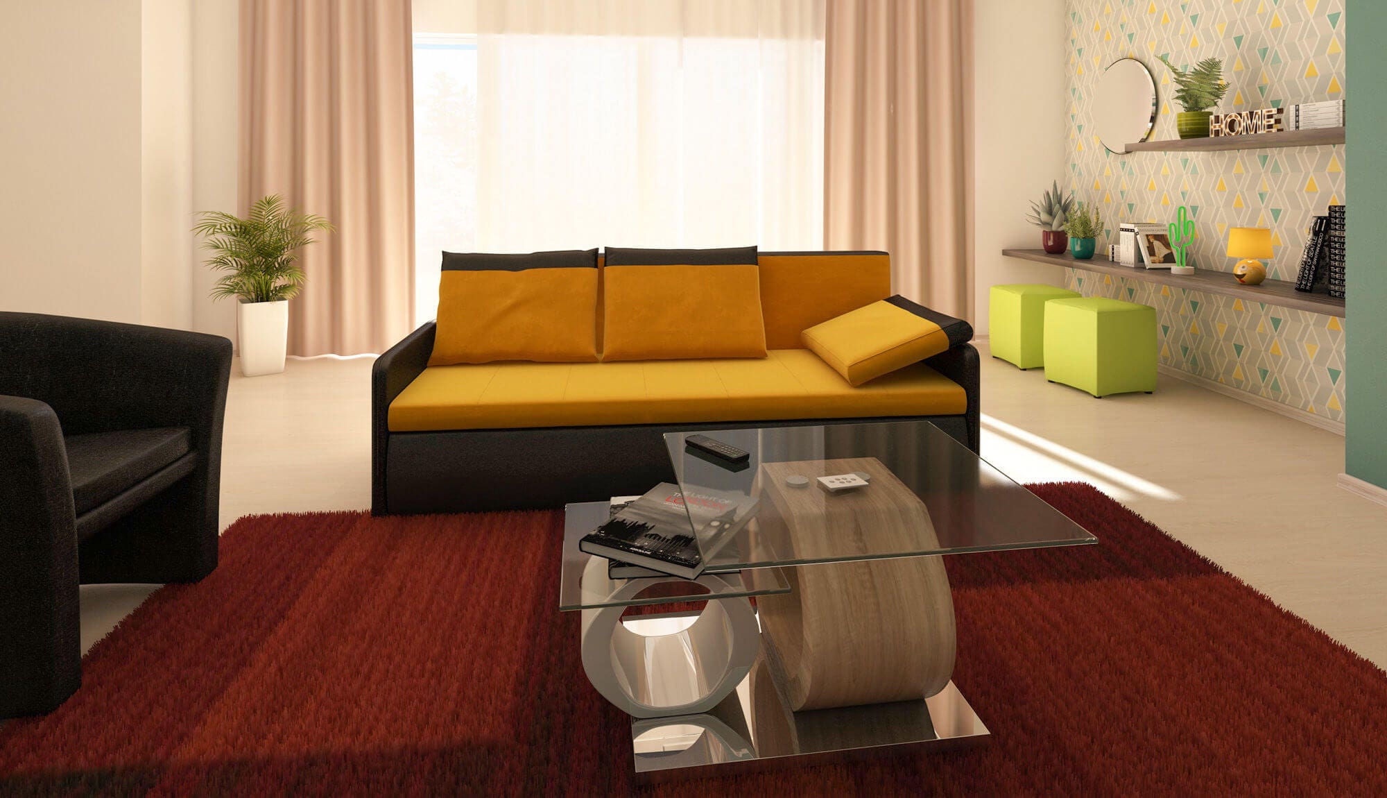 Canapea extensibila 3 locuri Slim, cu lada, galben + negru, 207 x 104 x 83 cm, 3C