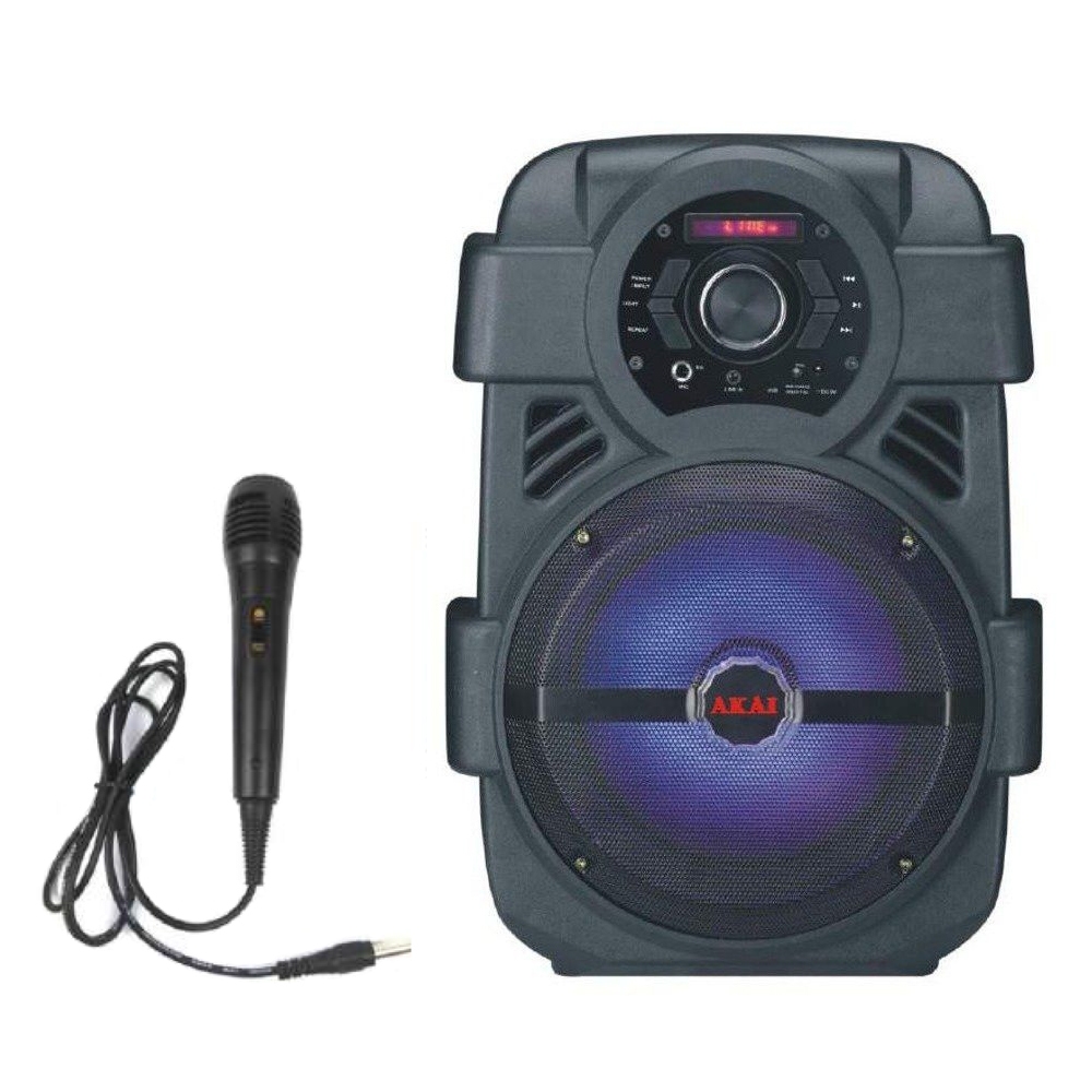 Boxa portabila activa Akai ABTS-808L, 10 W, Bluetooth, USB, Aux in, radio FM, digital karaoke, negru, microfon