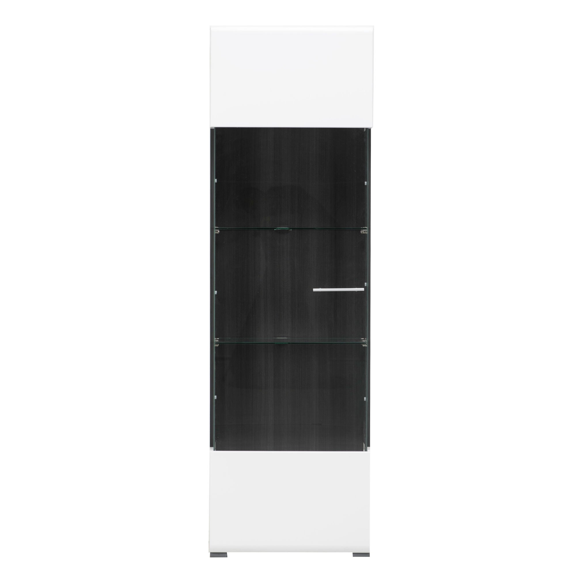Vitrina living Enzo 1K VS, cu usa sticla, alb mat + lemn negru + folie lucioasa alba, 58 x 35 x 190 cm, 3C