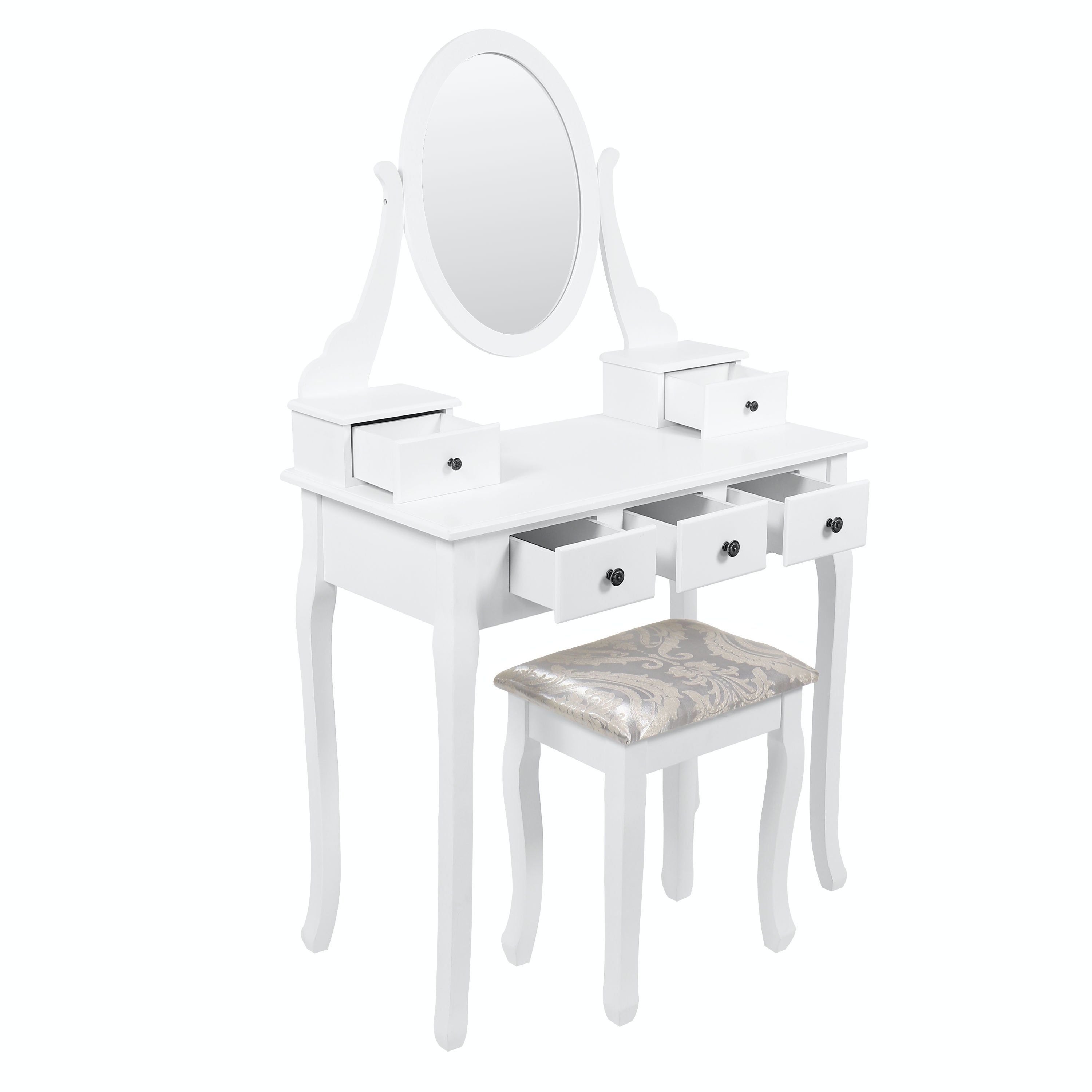 Masa de toaleta / machiaj + scaun Gstaad, cu sertare si oglinda, alba, 80 x 40 x 136 cm