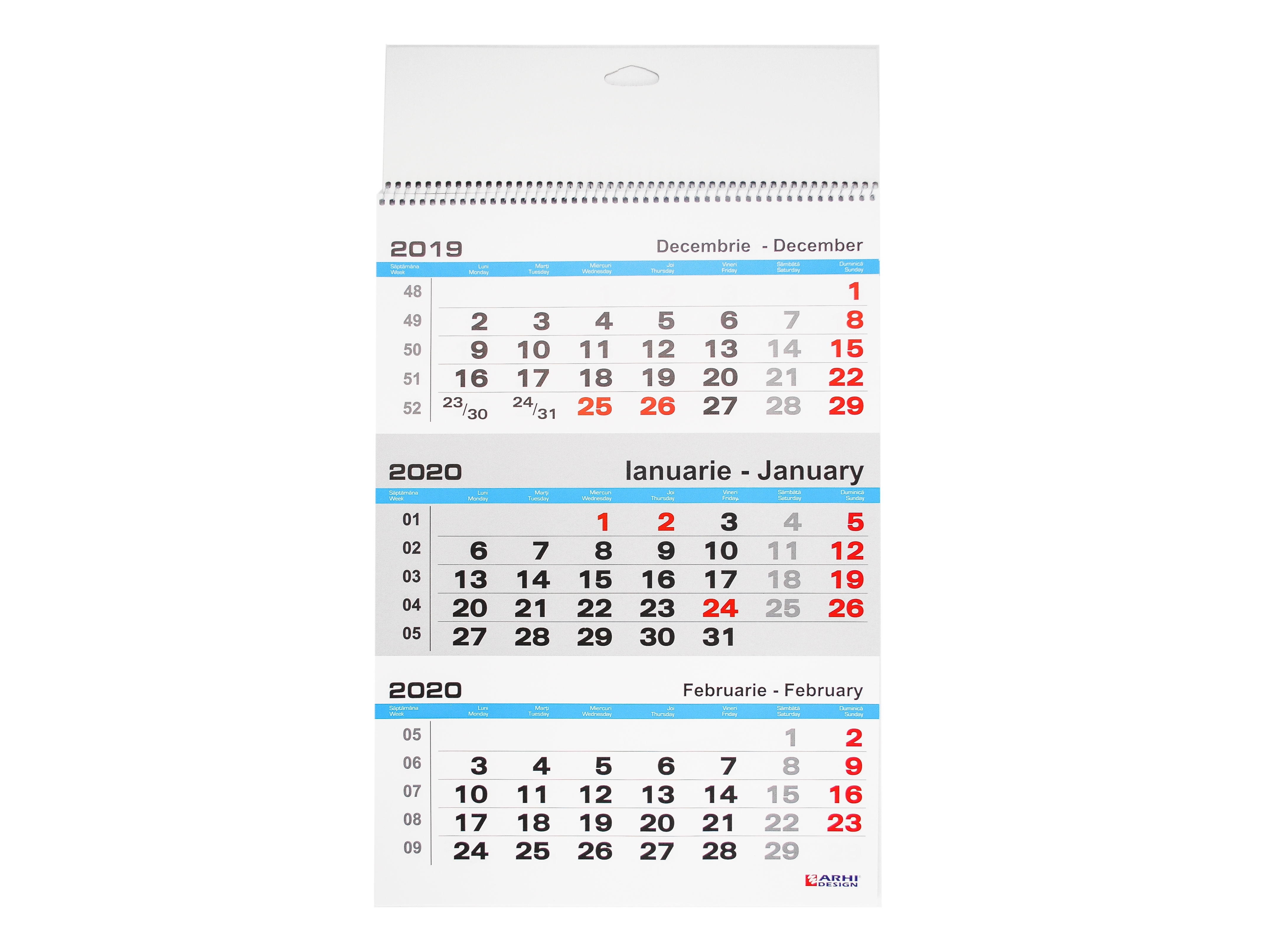 Calendar perete 2020, hartie lucioasa, format A3, triptic, 12 coli