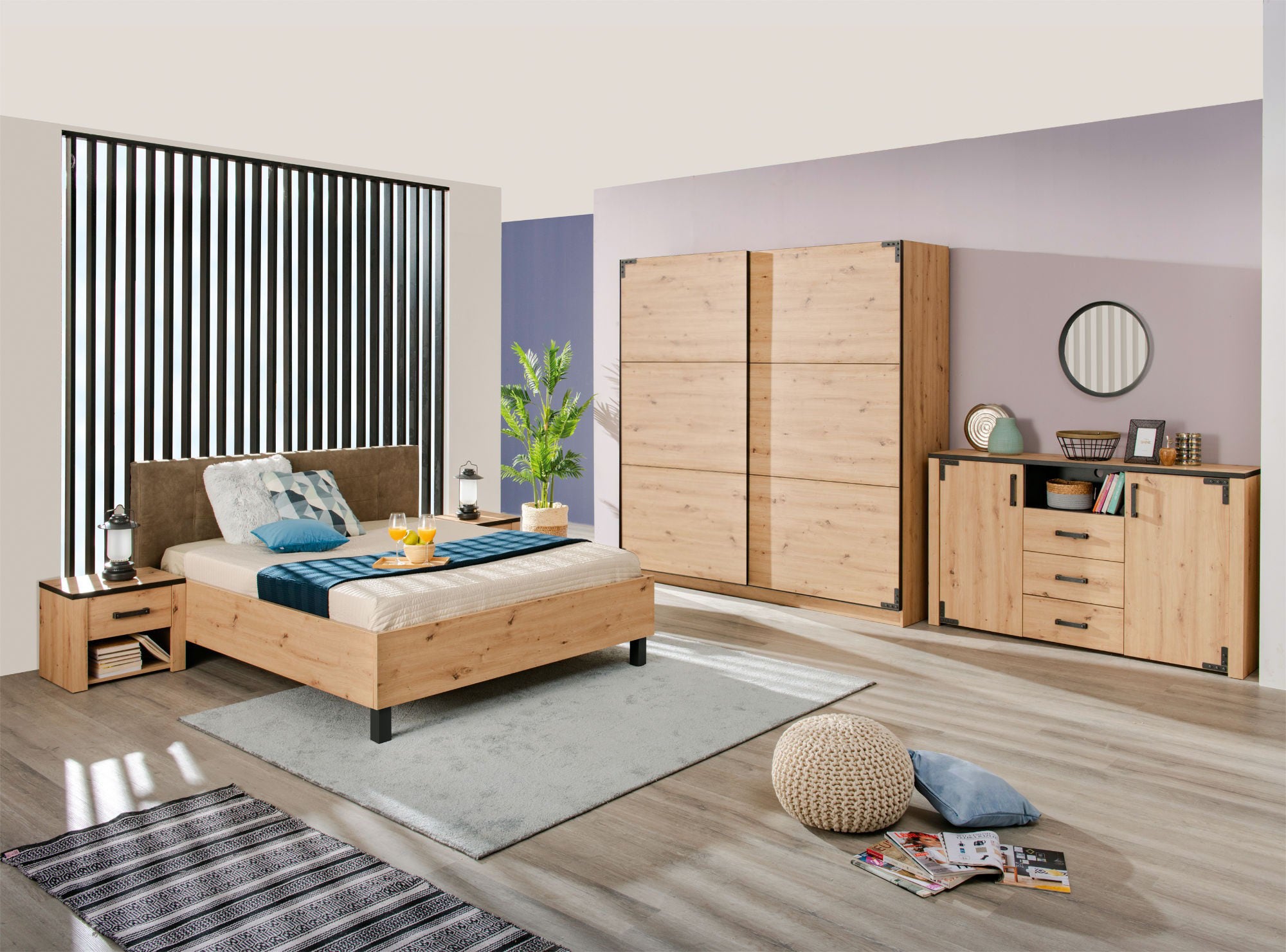 Dormitor complet Lazio 220, stejar artisan + negru + maro, 5 piese, 16C