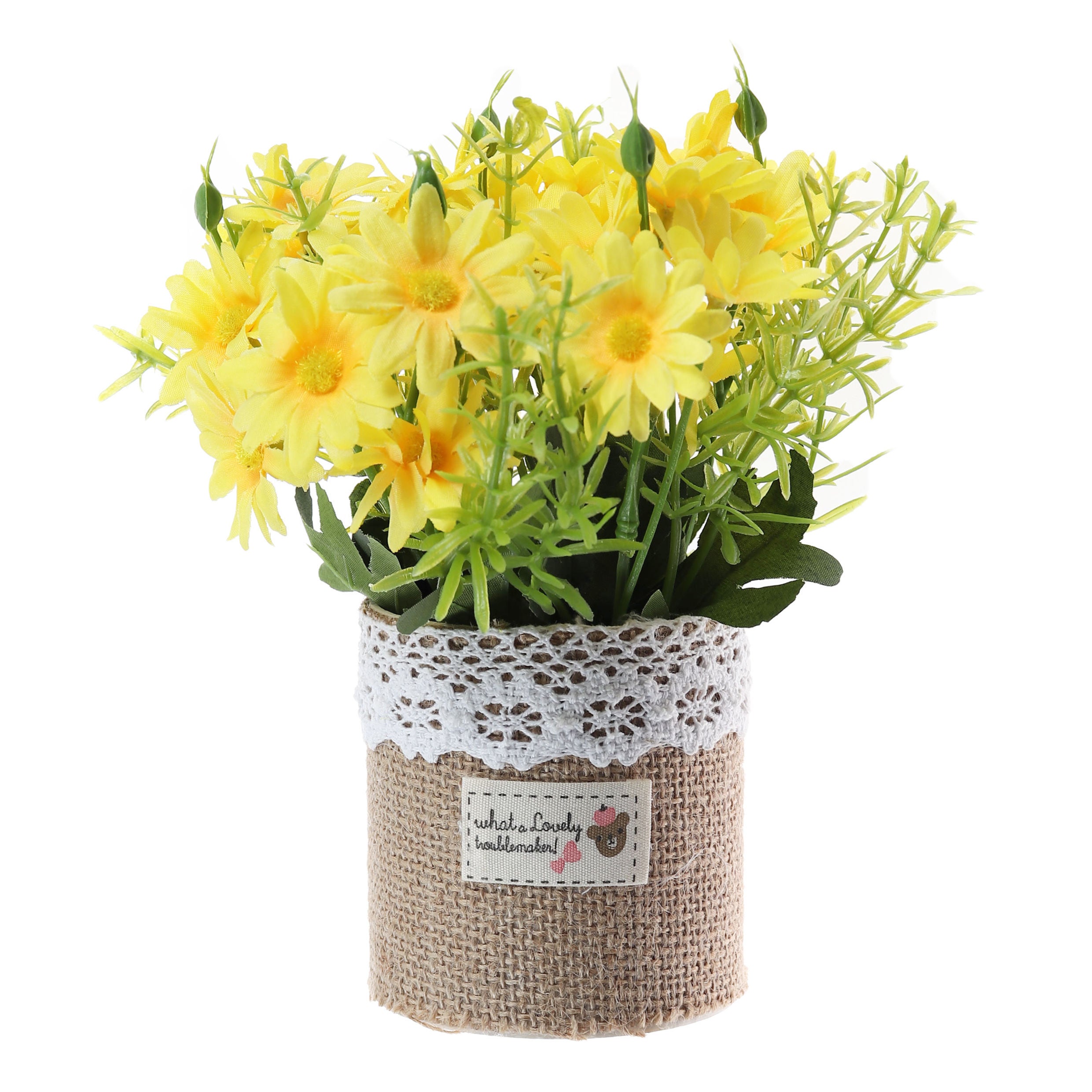 Aranjament floral artificial FM208-14, panza + plastic, galben, 20 cm