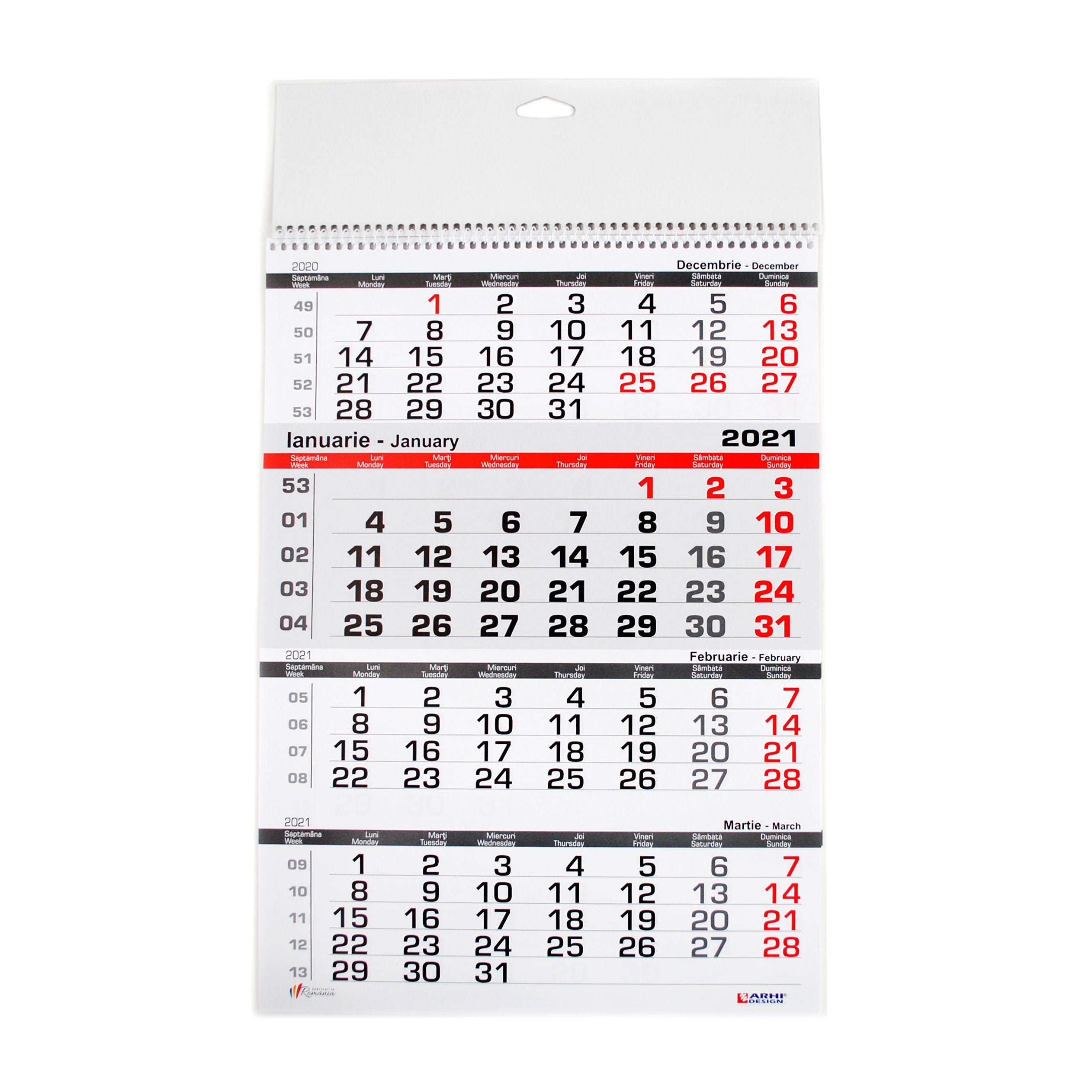 Calendar de perete 2021, Arhi Design, carton lucios, format A3, 12 coli