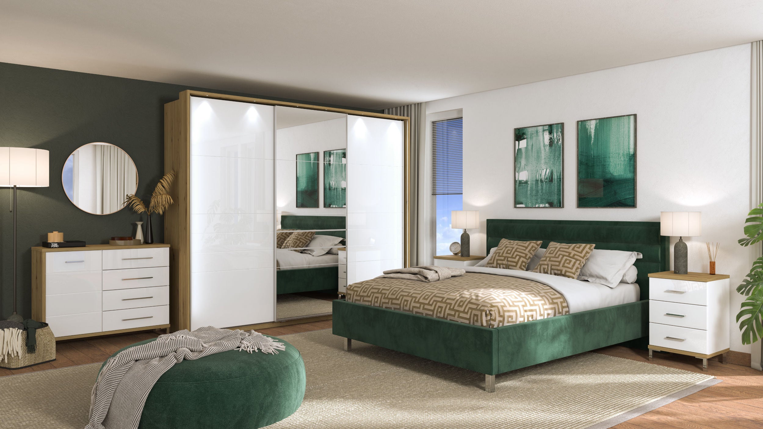 Comoda dormitor Mondego 2K4F, cu usa + 4 sertare, stejar artisan + alb mat + folie lucioasa alba, 108 x 87 x 40 cm, 2C