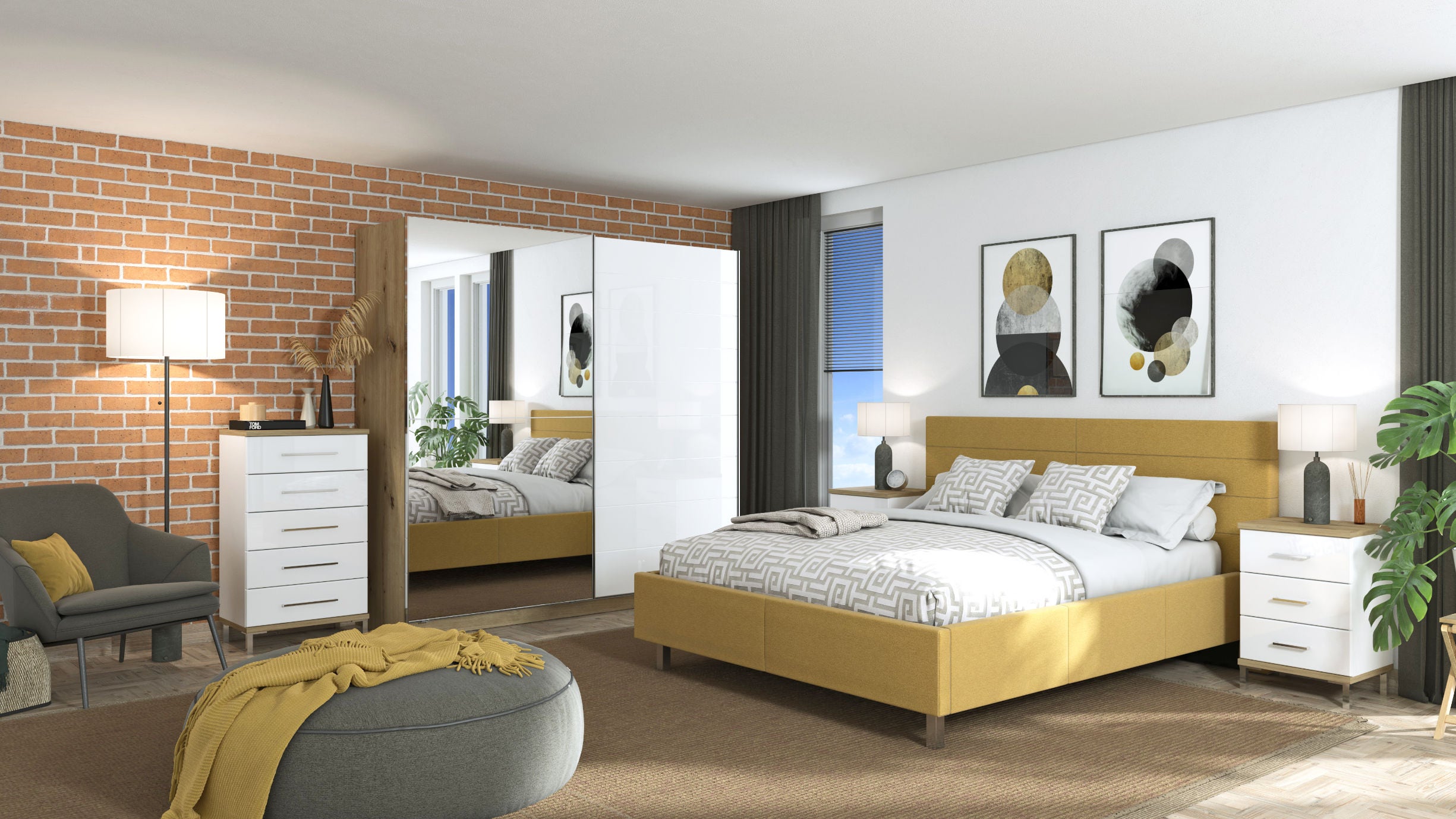 Comoda dormitor Mondego 5F, cu 5 sertare, stejar artisan + alb mat + folie lucioasa alba, 60 x 105 x 40 cm, 1C