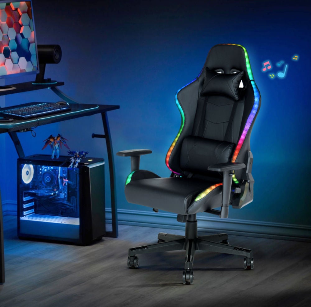 Scaun gaming Harel, rotativ, cu lumini LED, imitatie piele, negru