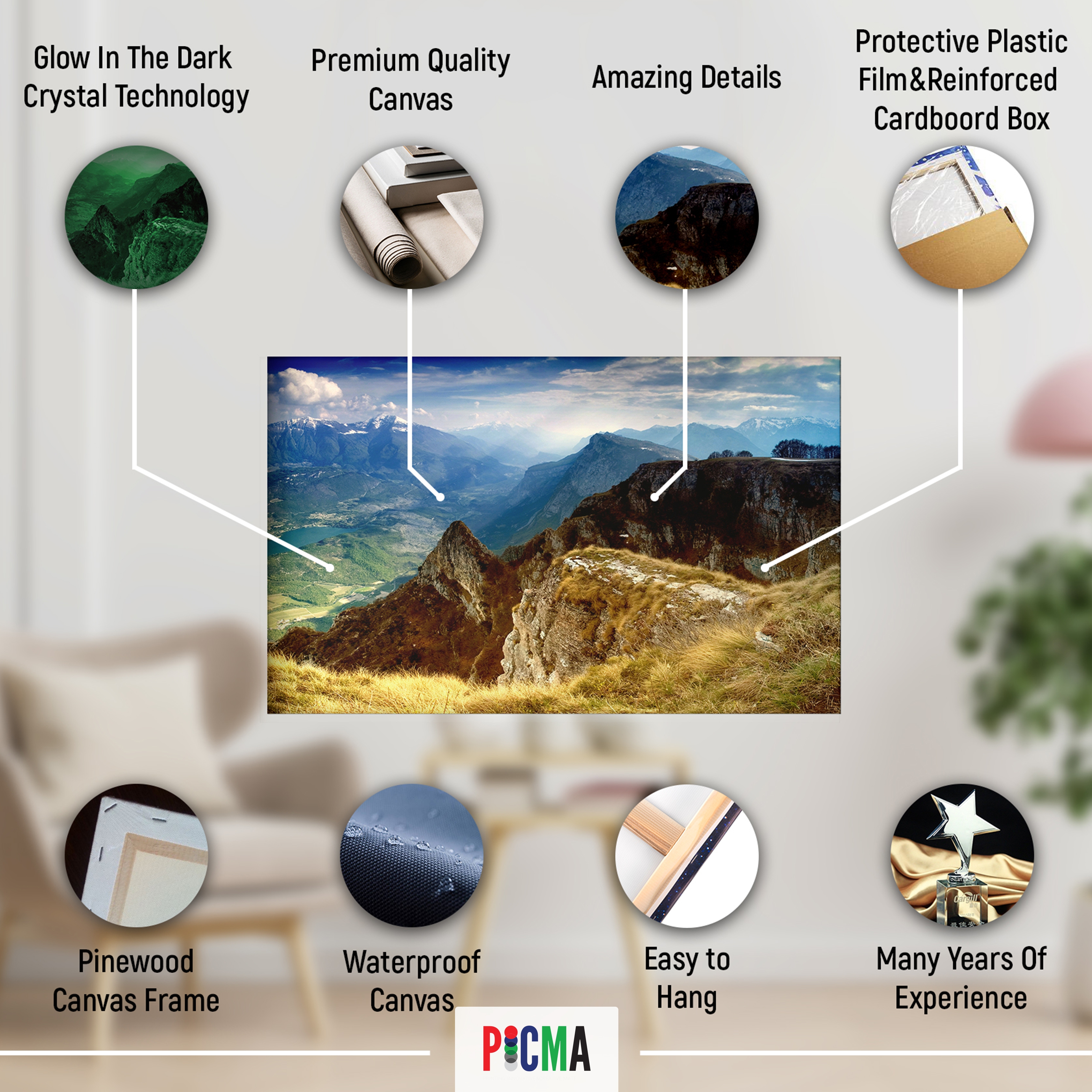 Tablou canvas luminos Peisaj montan, Picma, dualview, panza + sasiu lemn, 80 x 120 cm