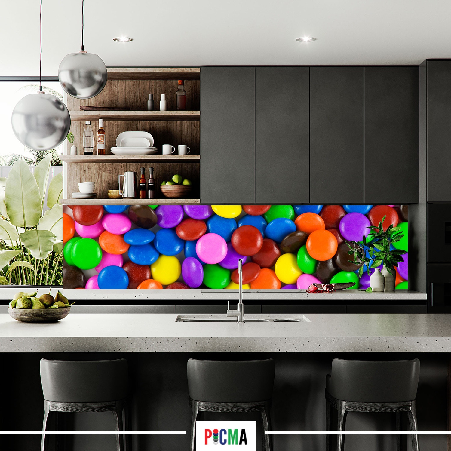 Panou decorativ bucatarie Splashback, compozit, luminescent, SPB 252, bomboane colorate, 2000 x 600 x 3 mm