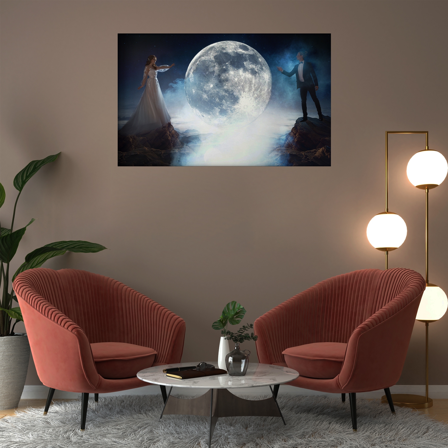 Tablou canvas luminos Unire sub luna, Picma, dualview, panza + sasiu lemn, 40 x 60 cm